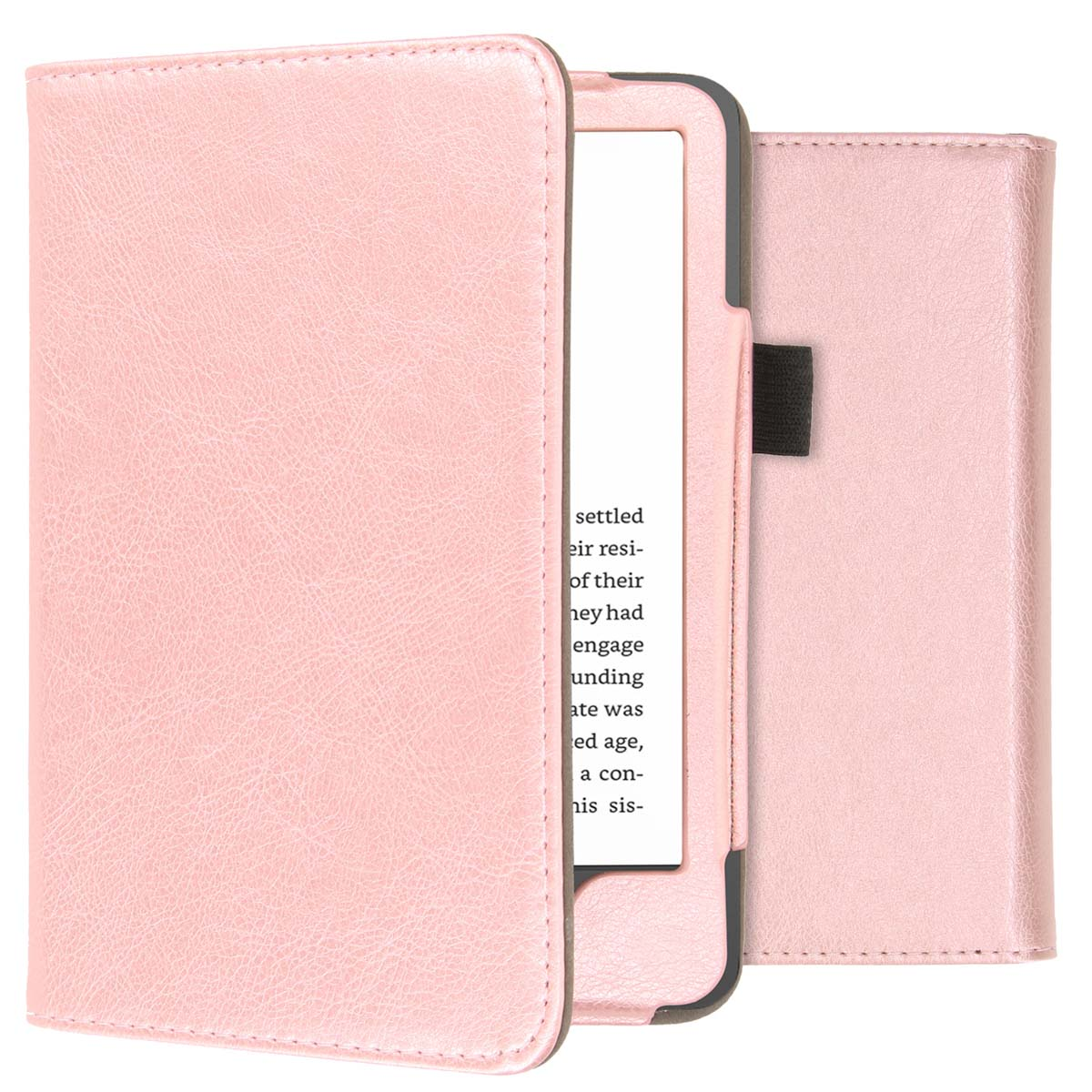 Pink e-reader in a pink case, open.