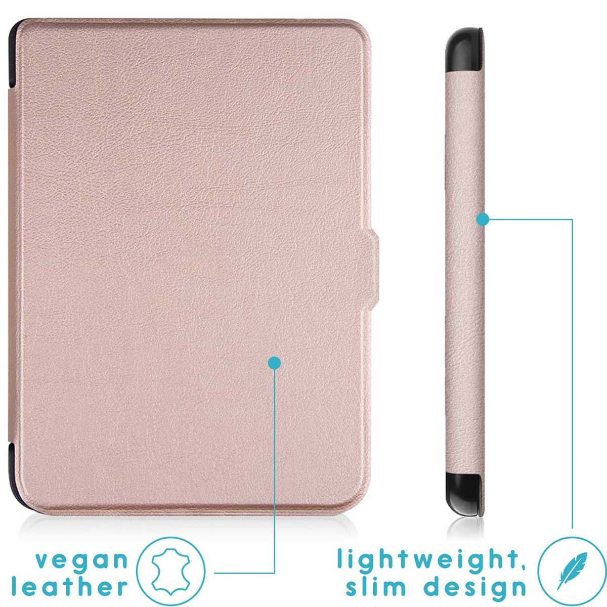 Roze e-reader case, met de zijaanzicht en vegan leer.