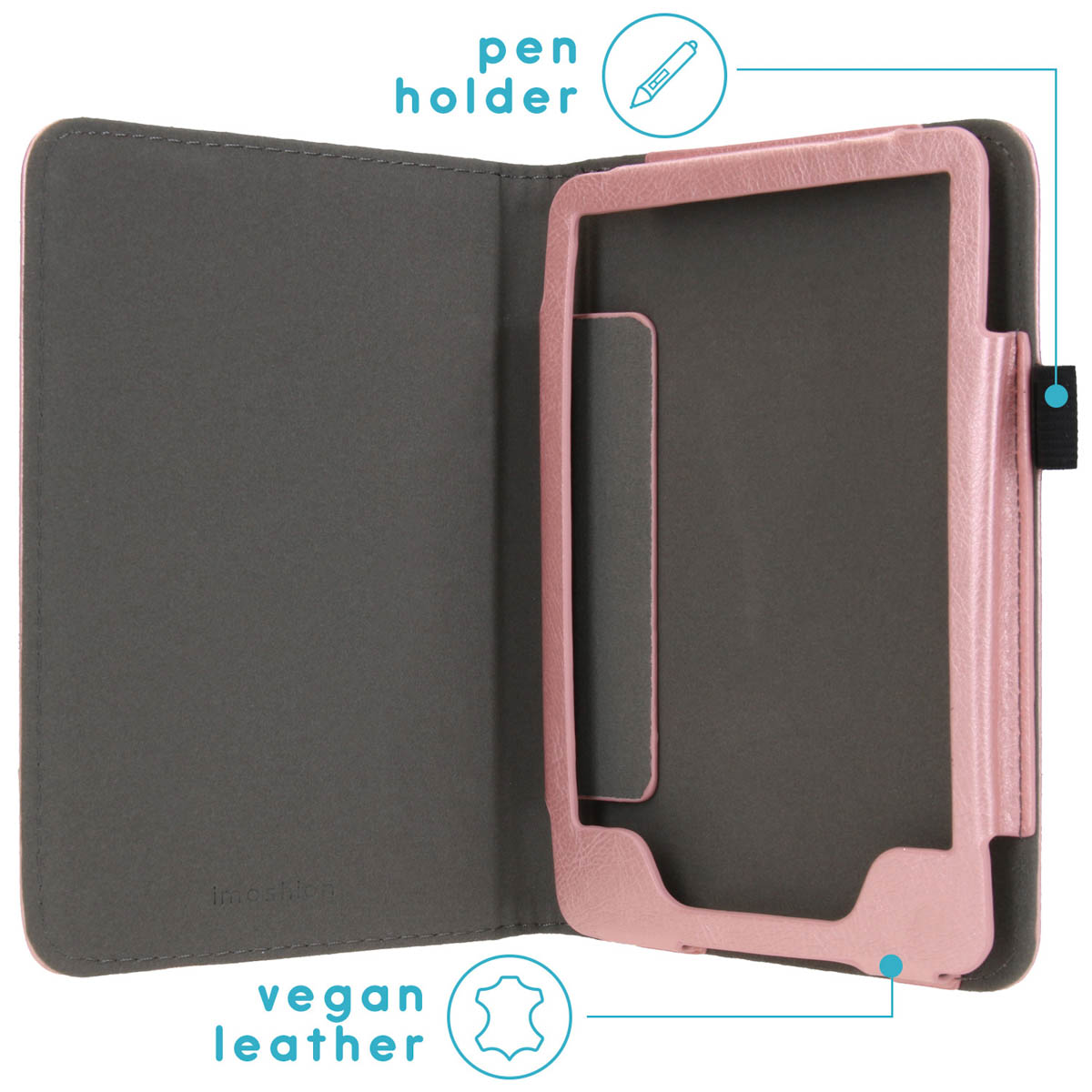 Pink e-reader case, open, with a pen holder and labeled vegan leather, showing the interior.