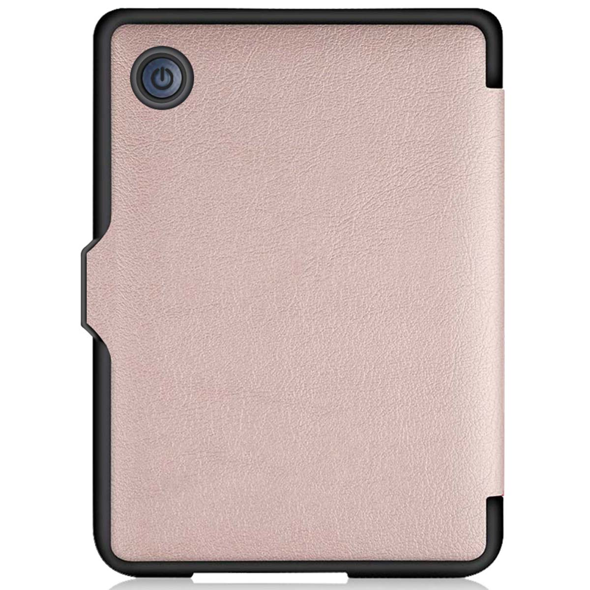 Roze ebook reader case met een zwart frame. De aan/uit-knop zit linksboven.