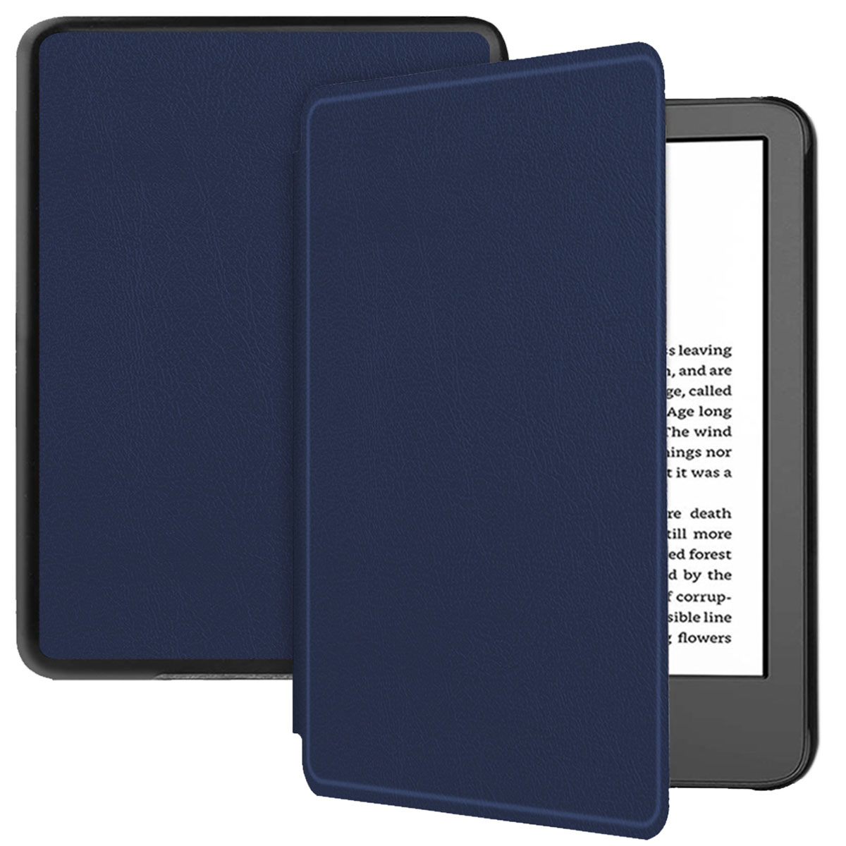 Ebook en couverture bleu foncé, ouvert. L'ebook est visible. Le fond est blanc.