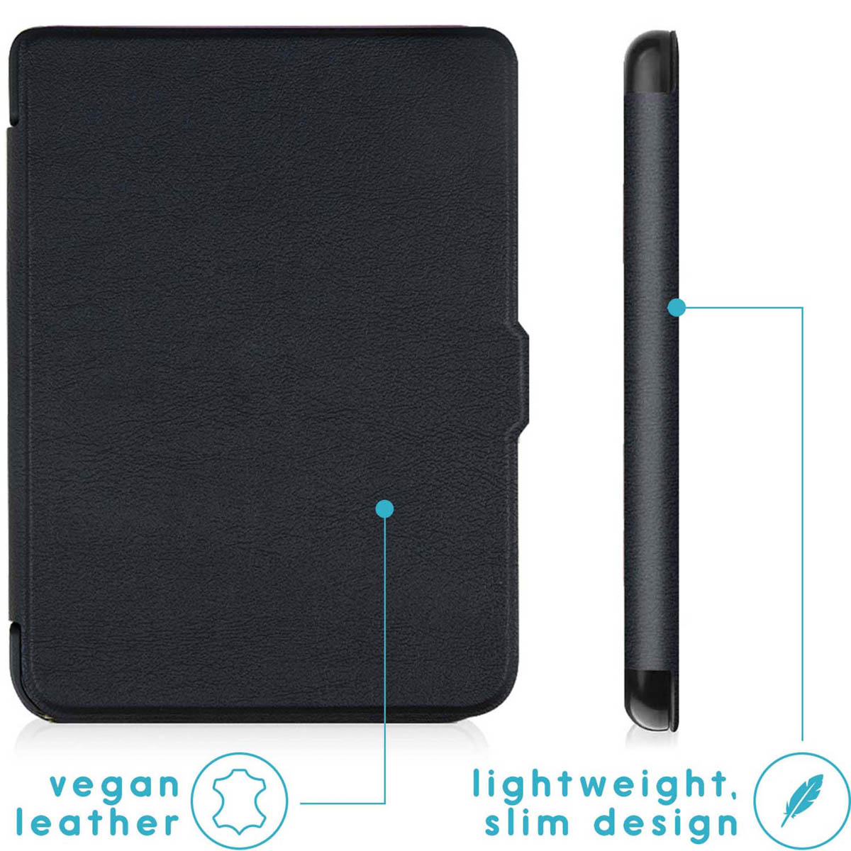 Zwarte vegan leren e-reader hoes met een slank ontwerp.