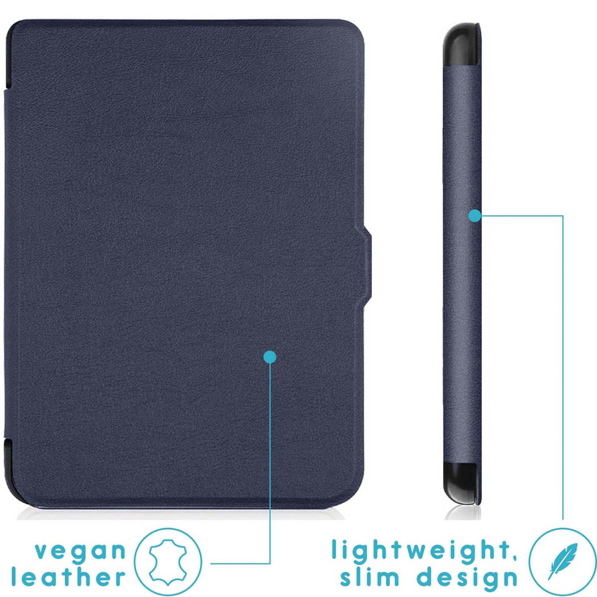 Gesloten, marineblauwe tablethoes. Teksten: veganistisch leer en lichtgewicht, slank ontwerp. Het is marineblauw en veganistisch leer.