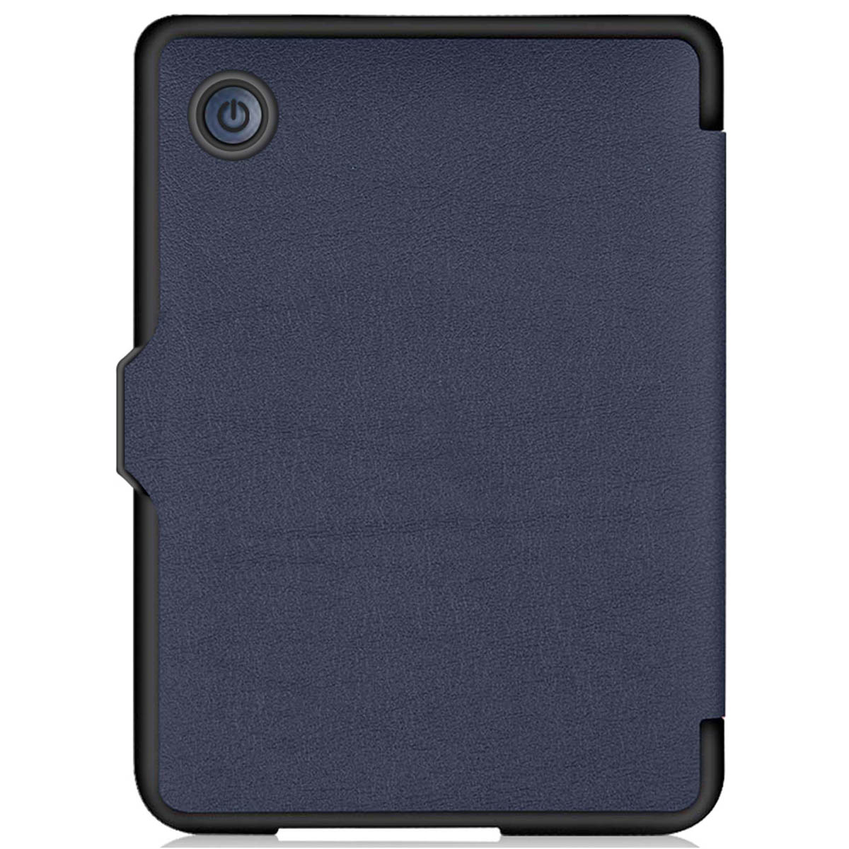 Gesloten marineblauwe e-reader, achterkant getoond. Een aan/uit-knop is zichtbaar aan de bovenkant.
