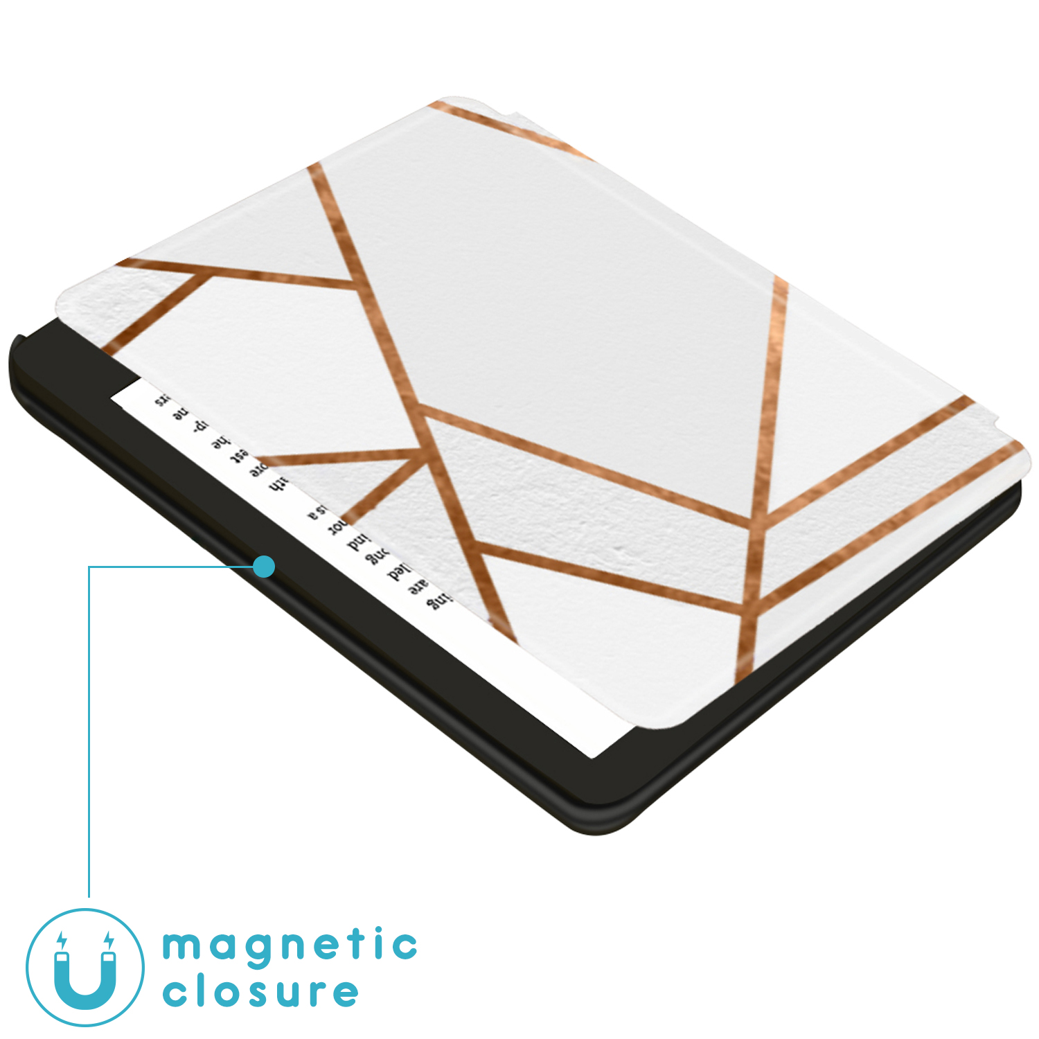 Étui de tablette avec une couverture blanche et cuivrée. Une fermeture magnétique est mise en évidence.