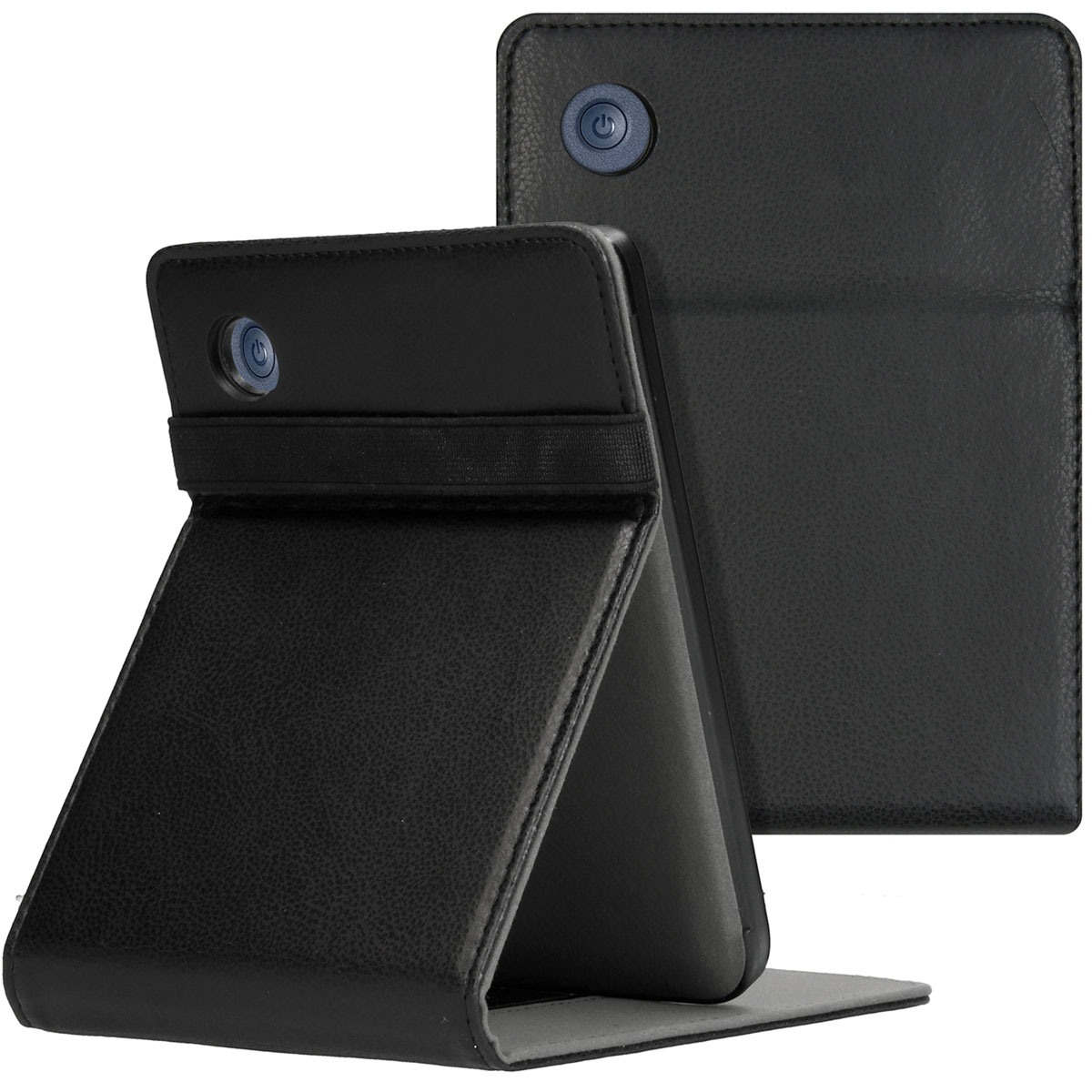 Étui de tablette noir, plié en support. Avec un bouton de caméra.