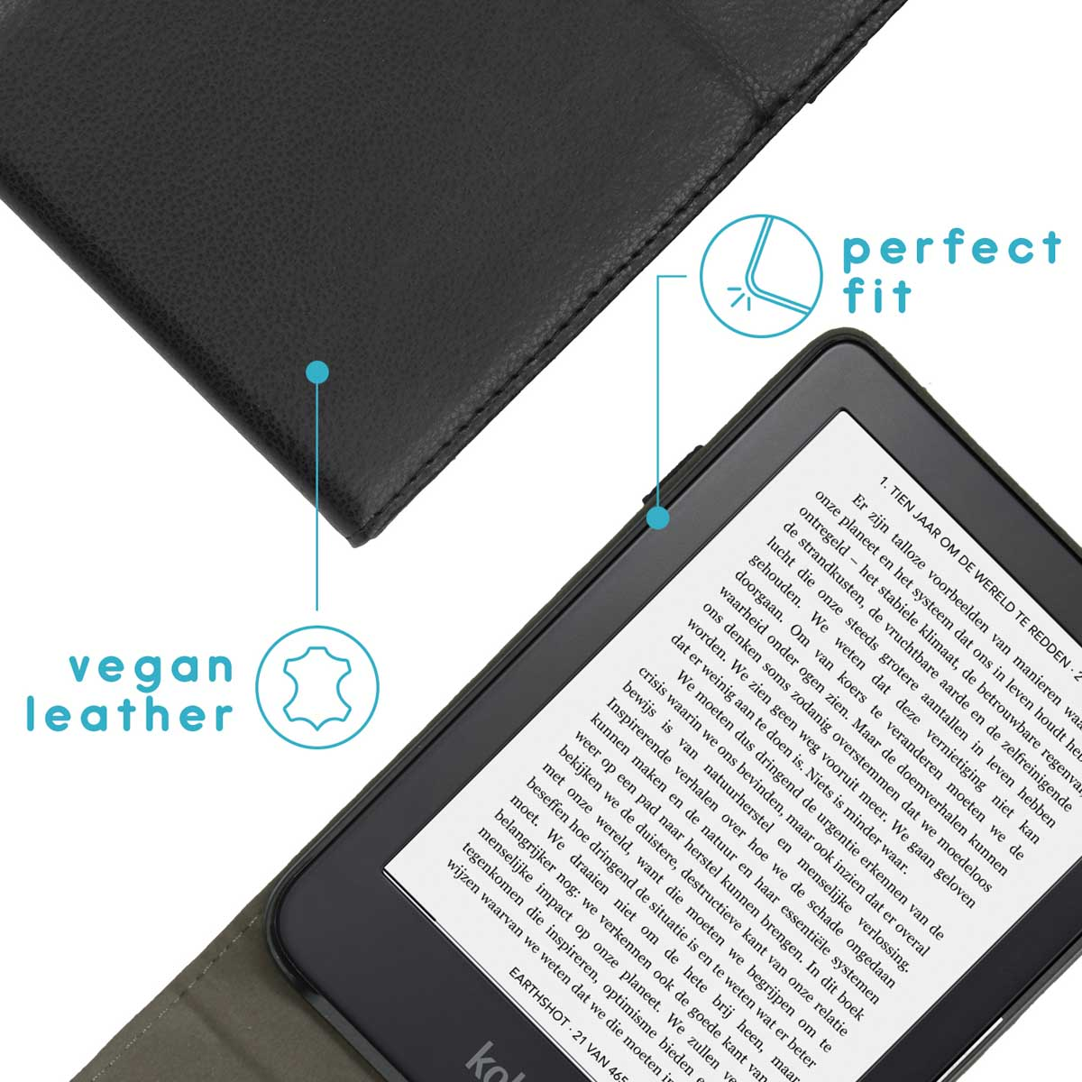 Liseuse avec une couverture noire, texte visible à l'écran. La couverture est ouverte pour montrer l'écran.