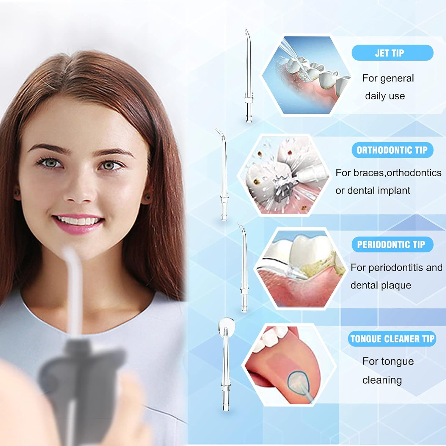 Frau mit Zahn-Wasser-Flosser, mit Diagrammen verschiedener Spitzen. Weißer Hintergrund.