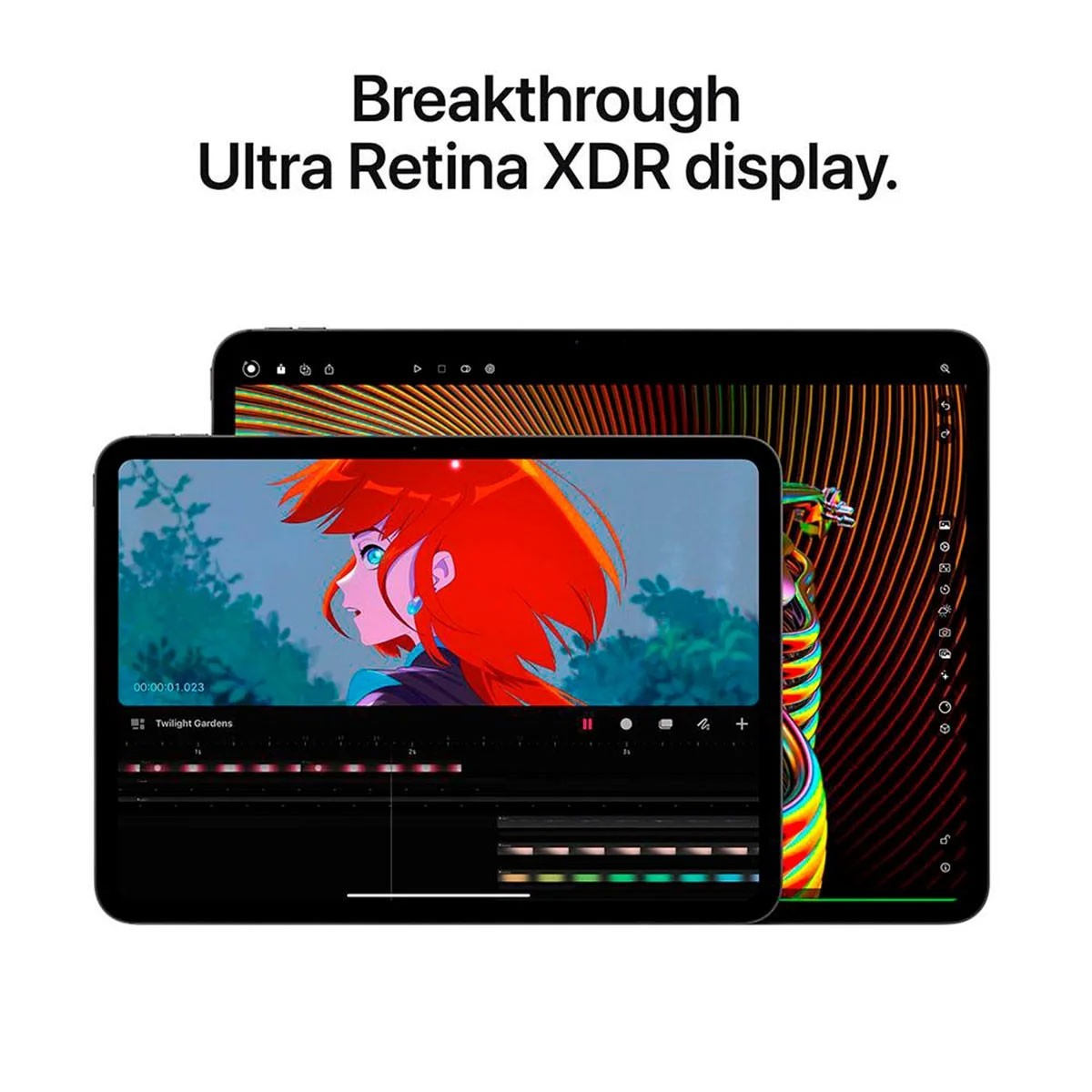 Deux tablettes affichent une vidéo. Le texte dit "Breakthrough Ultra Retina XDR display". Le fond est blanc.