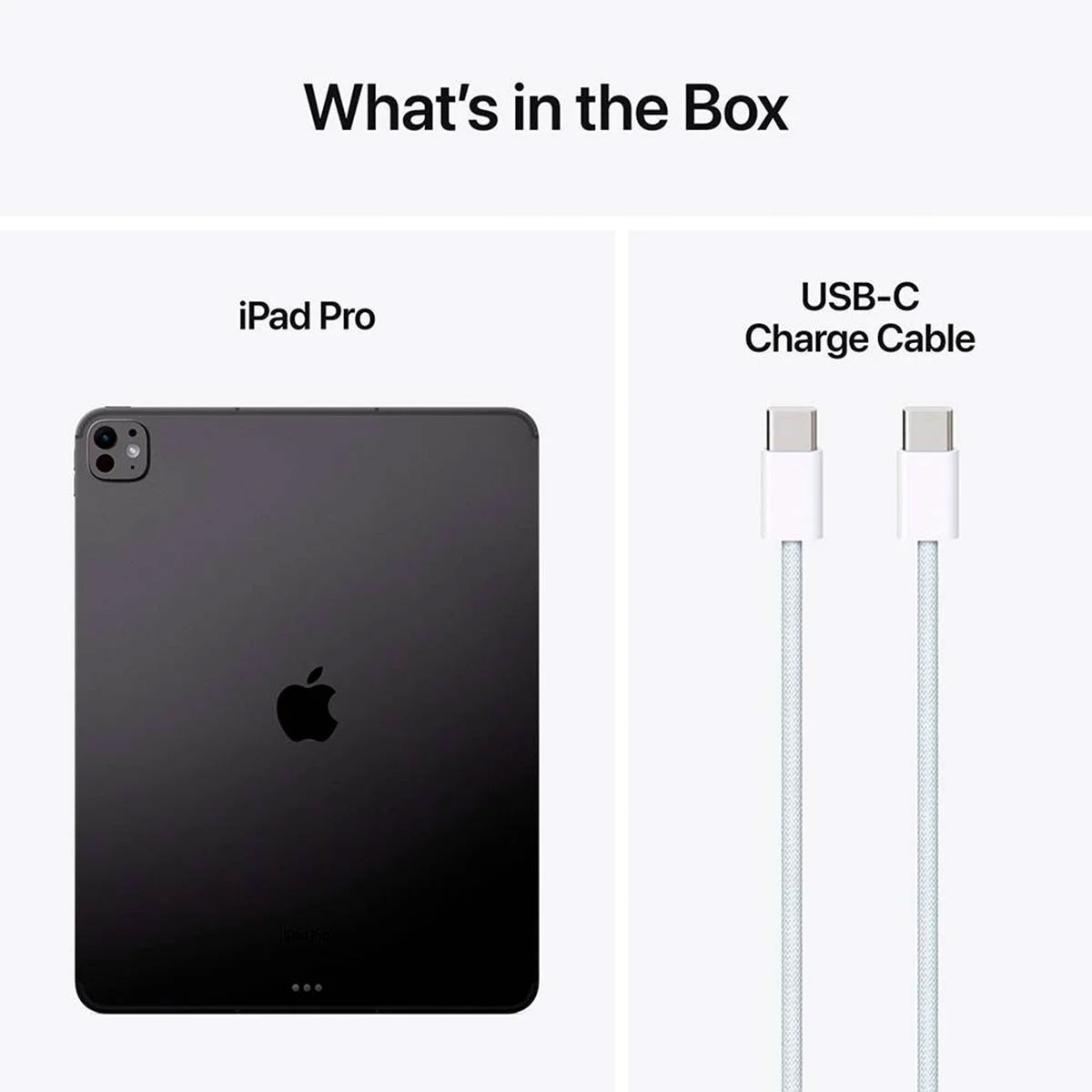 iPad Pro et câble de charge USB-C sur fond blanc. Le texte indique "Qu'y a-t-il dans la boîte".