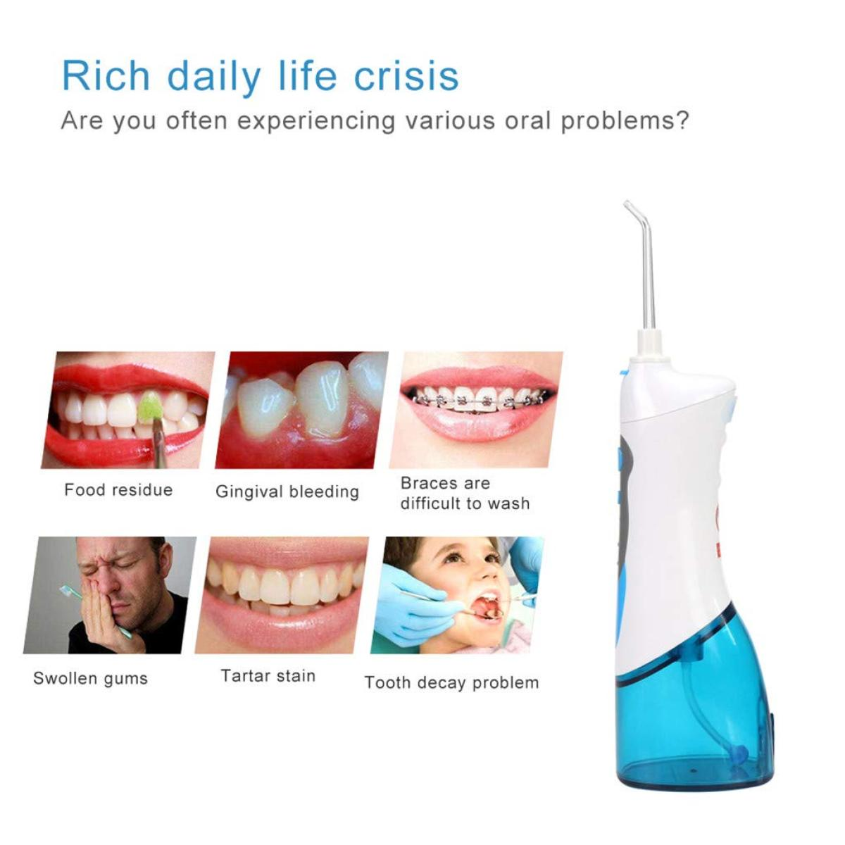 Wasser-Flosser und Bilder von Mundgesundheitsproblemen.