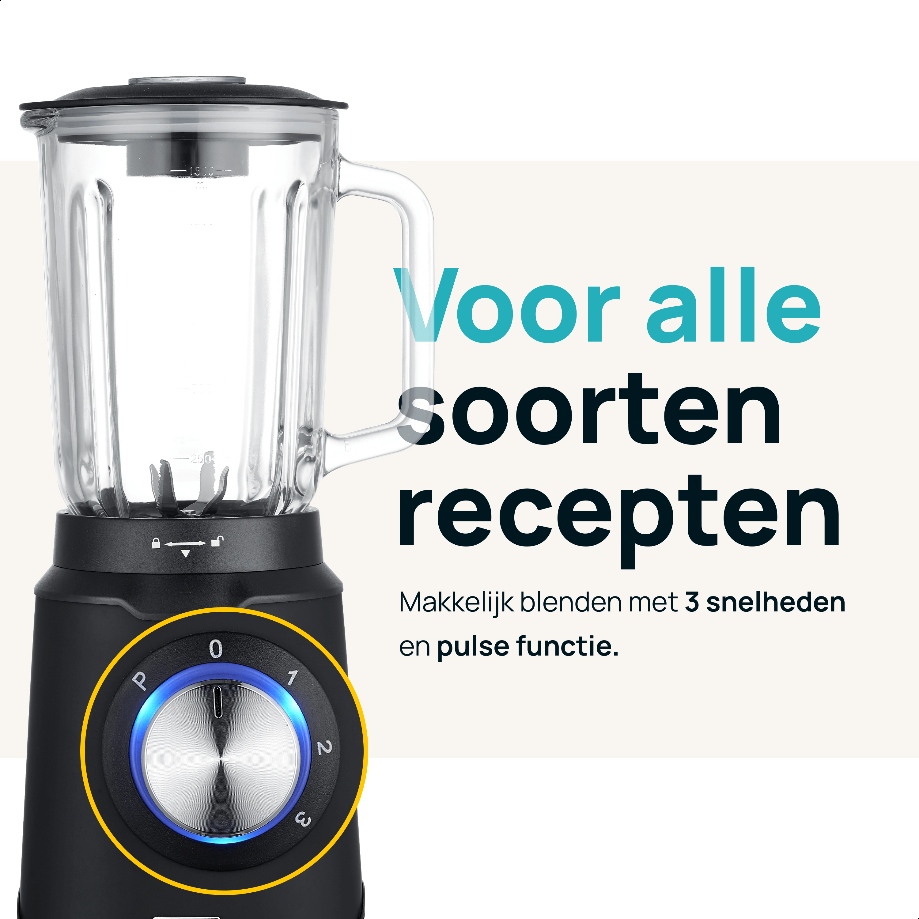 Black blender with a glass jar. A dial with numbers 0-3 is on the front. Text in Dutch.