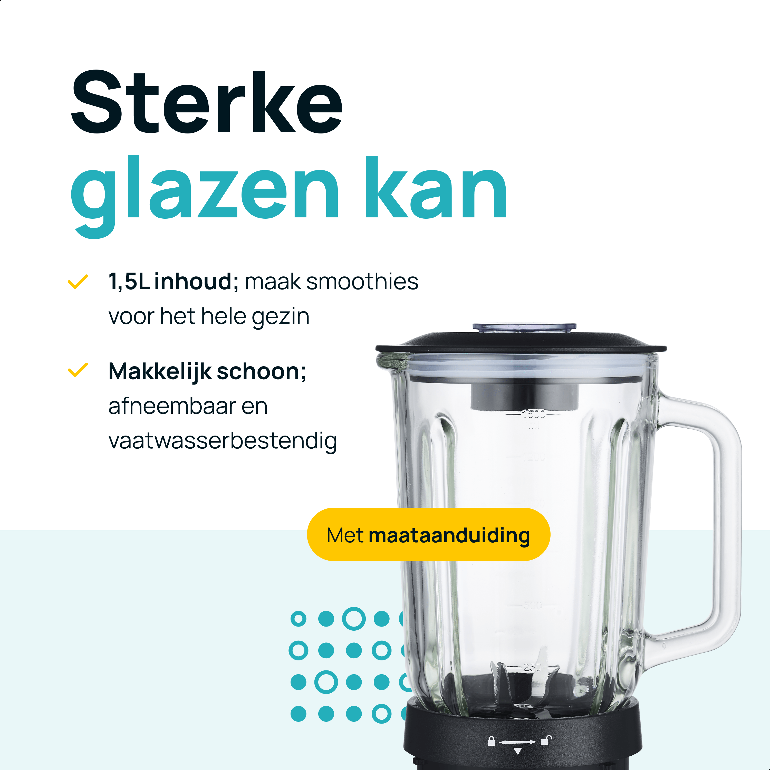 A glass blender with a black base and lid, with text about its features and capacity.