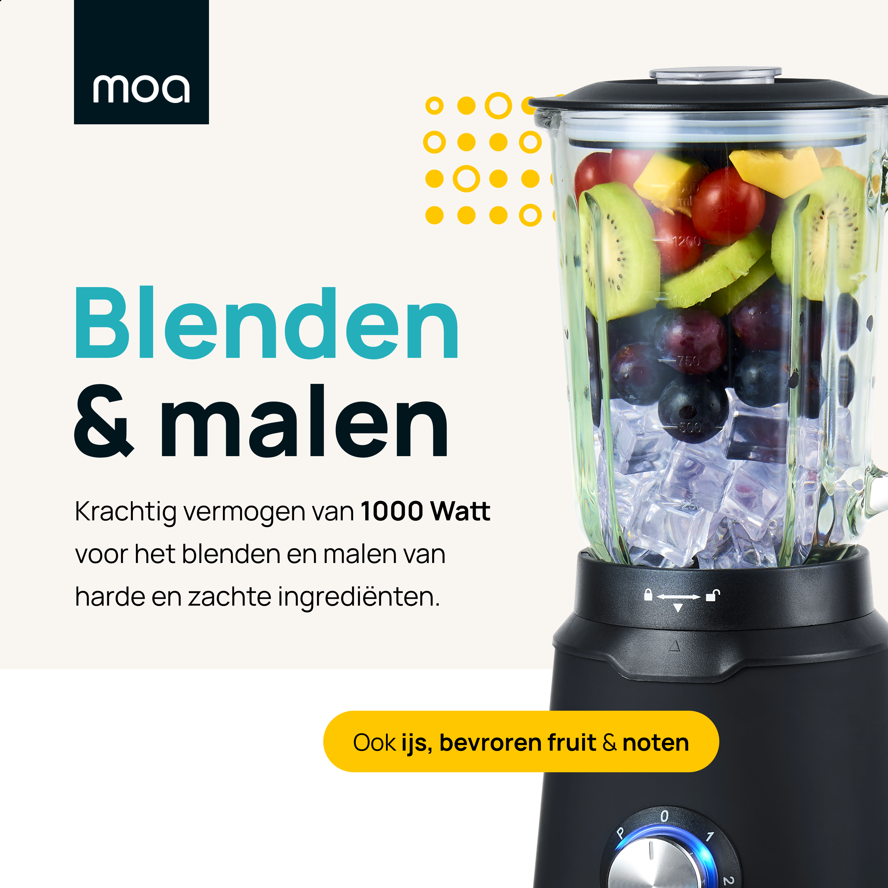 Blender with ingredients including ice, kiwi, grapes, and mango. Text reads, 'Blend & mix'.