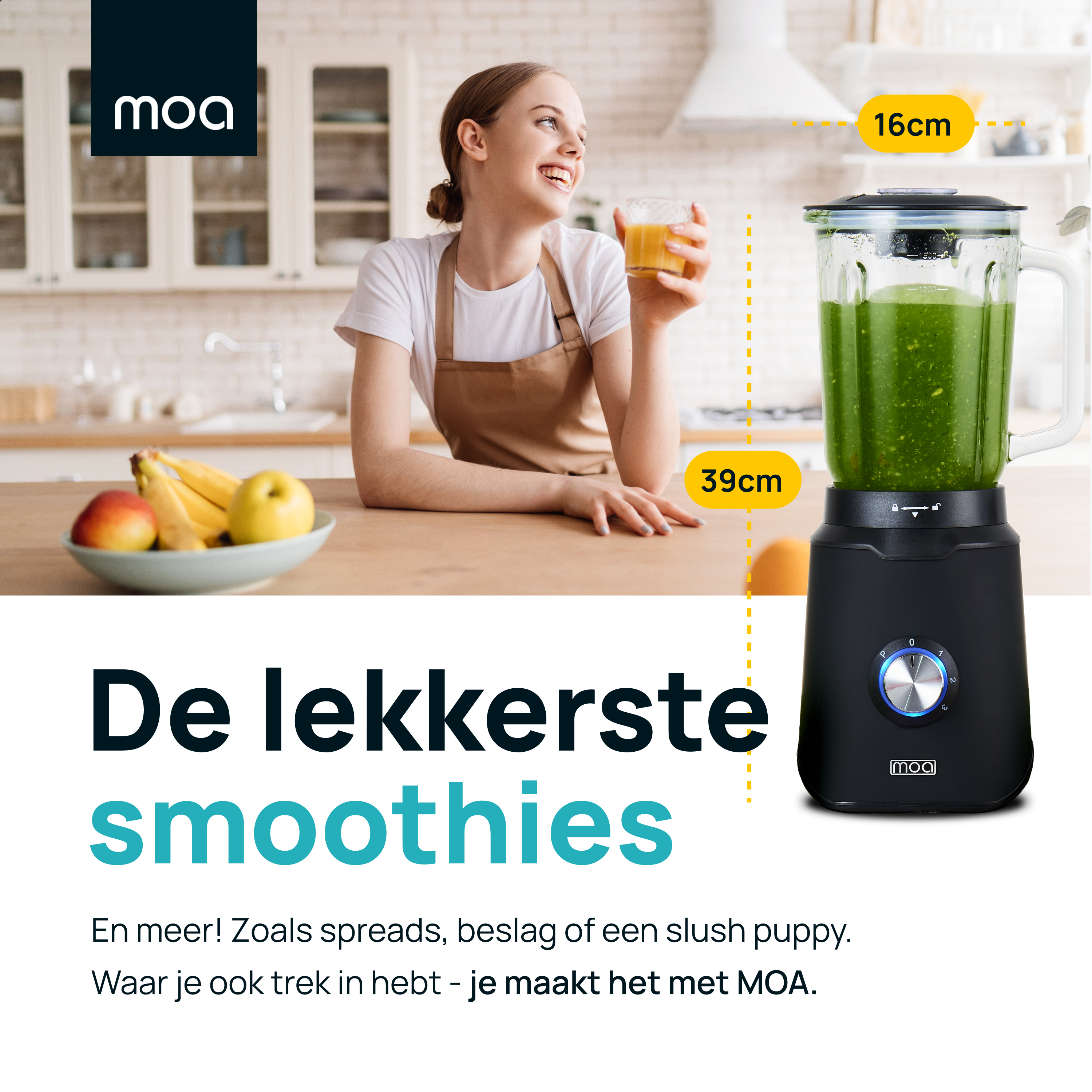 Woman making smoothie, with blender. A blender is on the right. Text about smoothies.