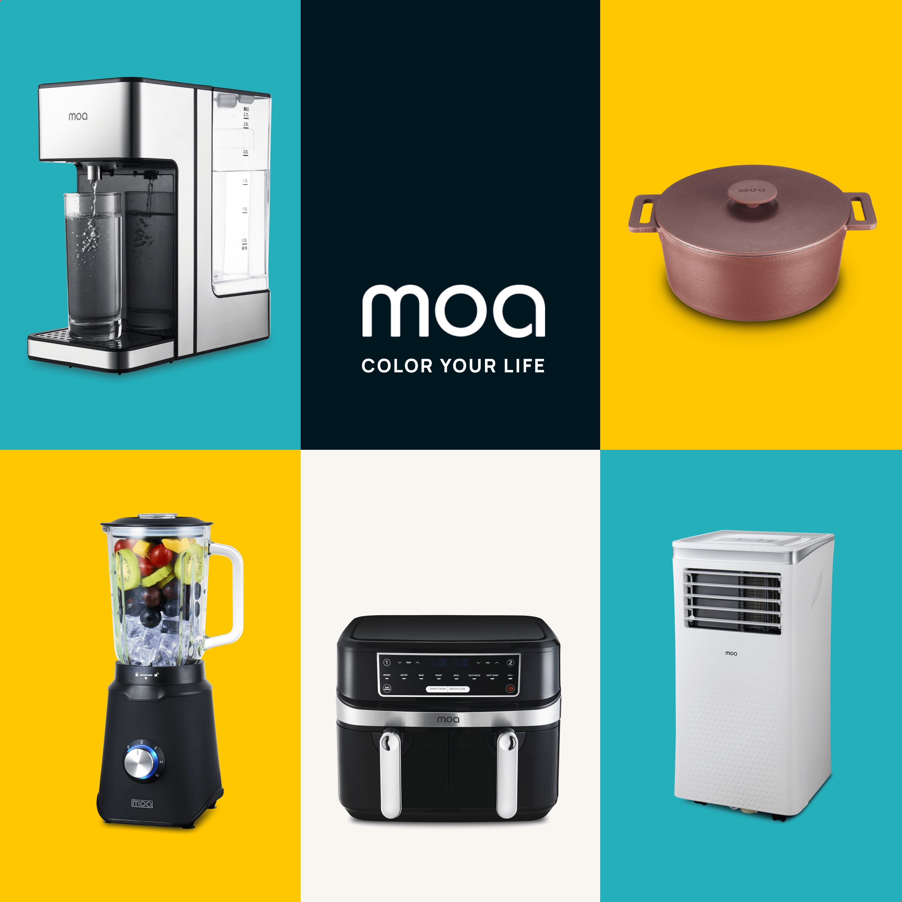 Various kitchen appliances arranged on a colored background, with the MOA logo.
