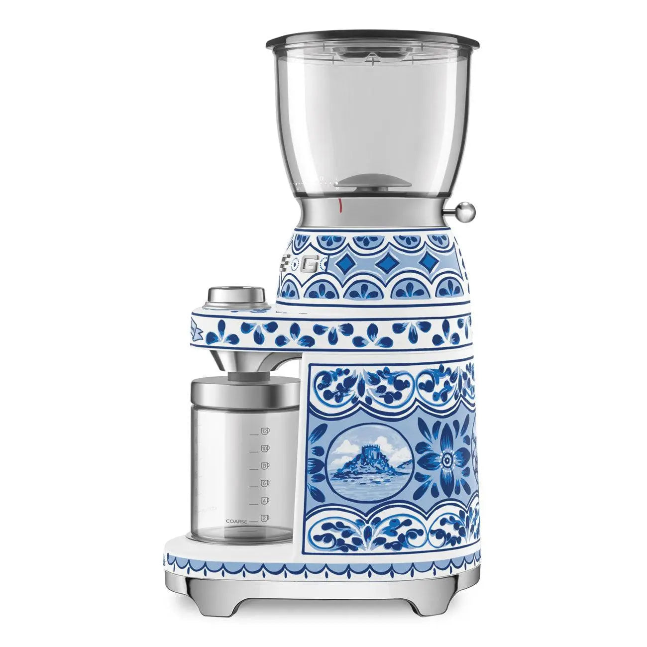 Molinillo de café con diseño floral azul y blanco. Contenedor transparente de granos arriba. Contenedor de vidrio abajo.