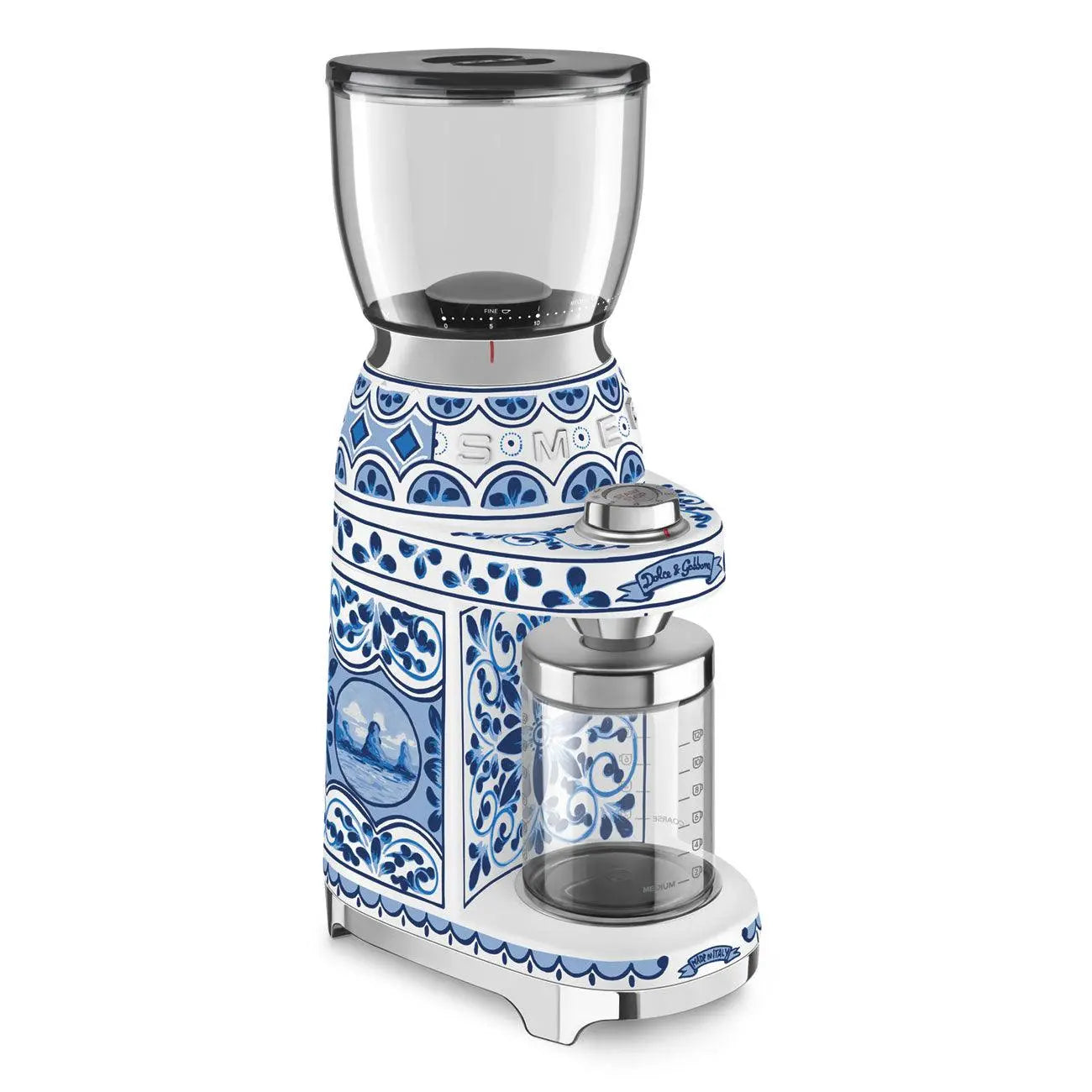 Molinillo de café con diseño floral azul. Contenedor transparente de granos arriba. Contenedor de vidrio abajo.
