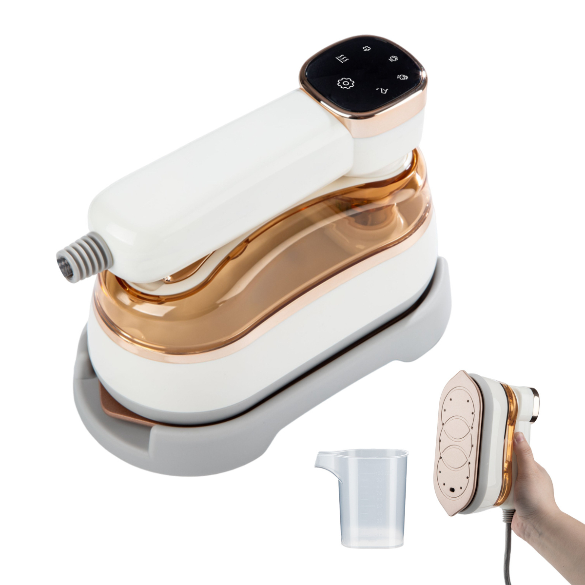 Weißes und goldenes Handdampfbügeleisen mit separatem kleinem Wasserbehälter und Mini-Bügeleisen.
