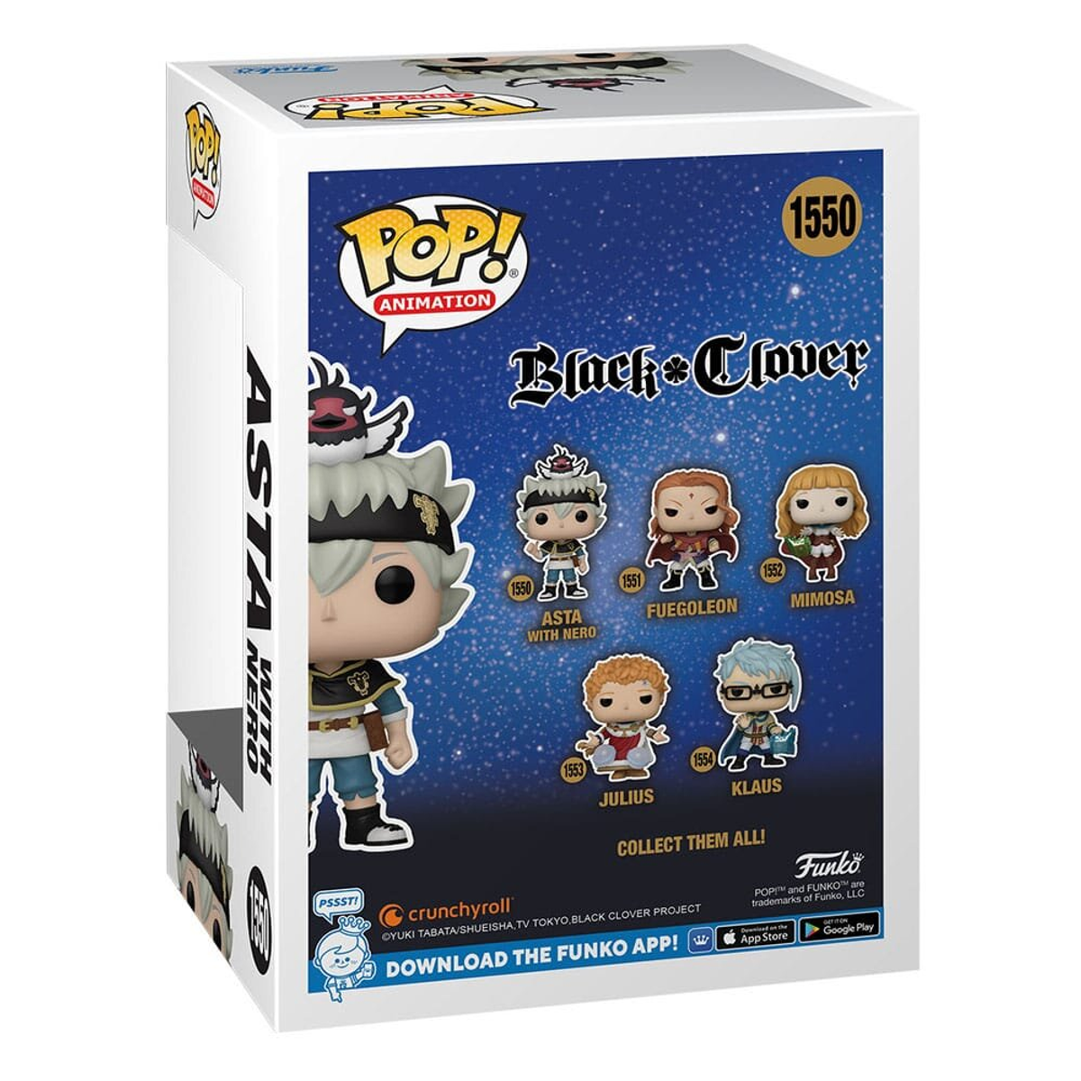 Parte trasera de una caja Funko Pop de Black Clover, mostrando personajes y marca.