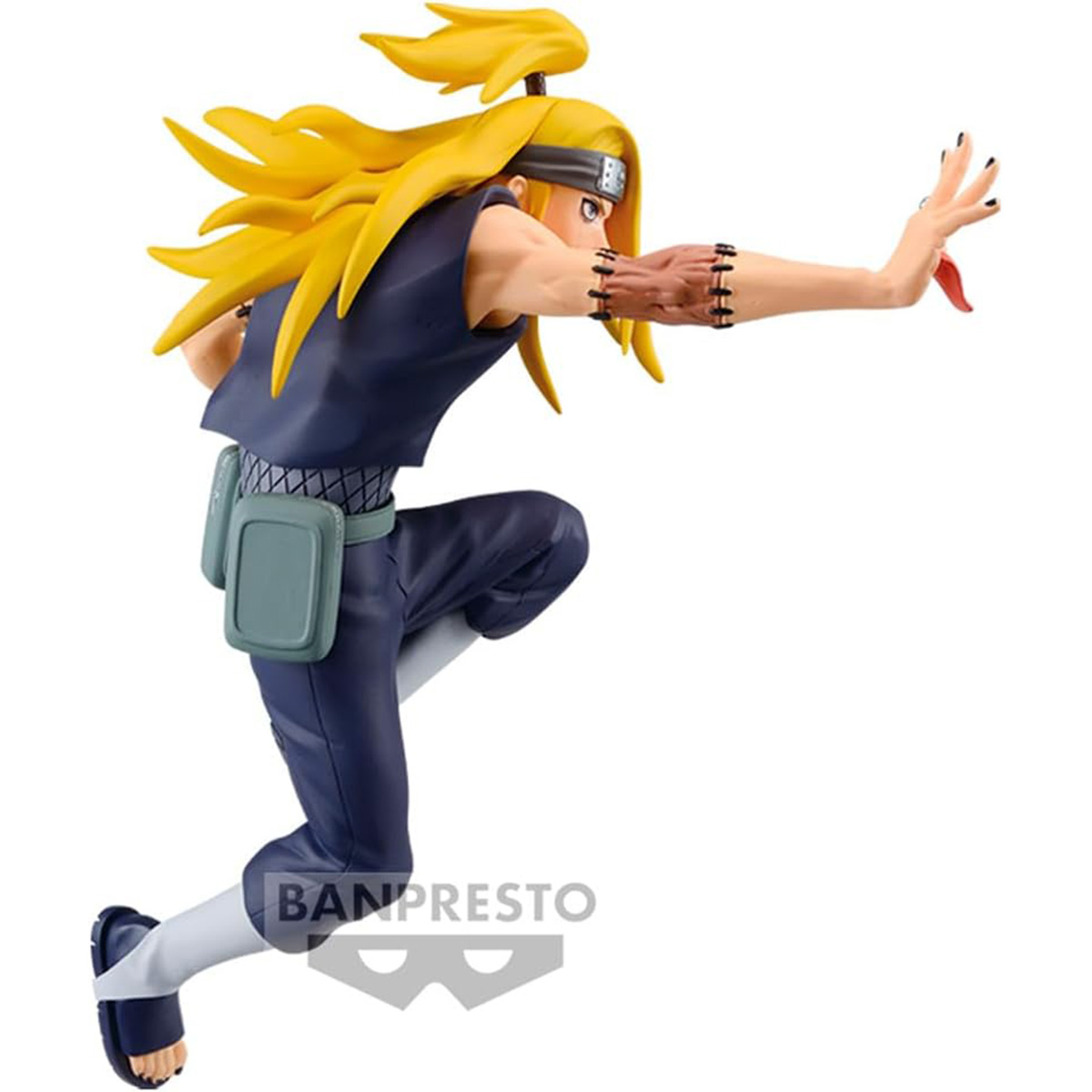 Personaje de anime con pelo amarillo, atuendo azul, posando con un brazo extendido.