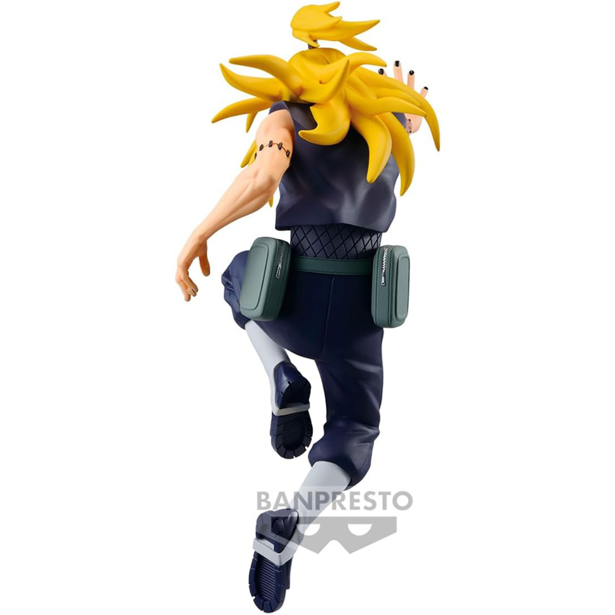 Una figura de anime de Naruto en una pose dinámica. La figura tiene cabello amarillo y un atuendo azul, fondo blanco.