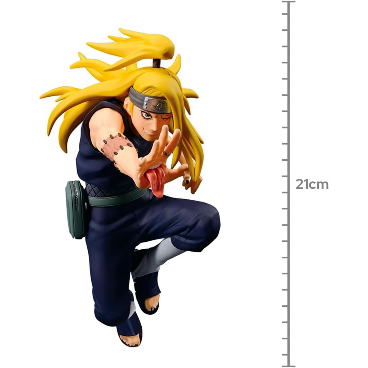 Una figura de Naruto en pose dinámica, con pelo amarillo, diadema y bolso verde. Una escala a la derecha.