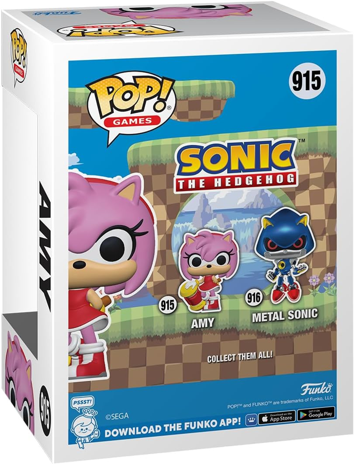 Scatola Funko Pop con personaggi di Sonic; figure di Amy e Metal Sonic.