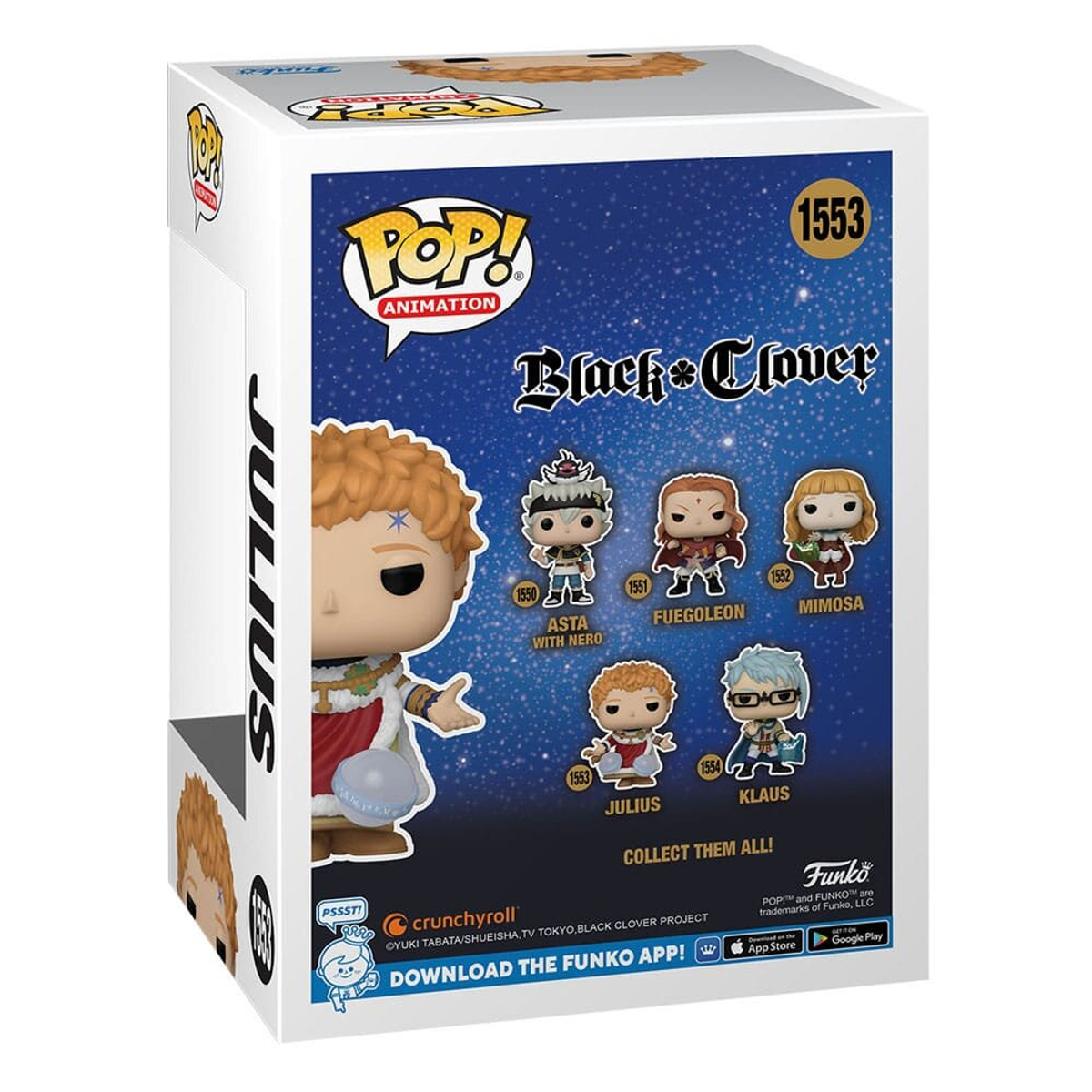 La parte posterior de una caja Funko Pop con una figura de Julius, junto con otros personajes.