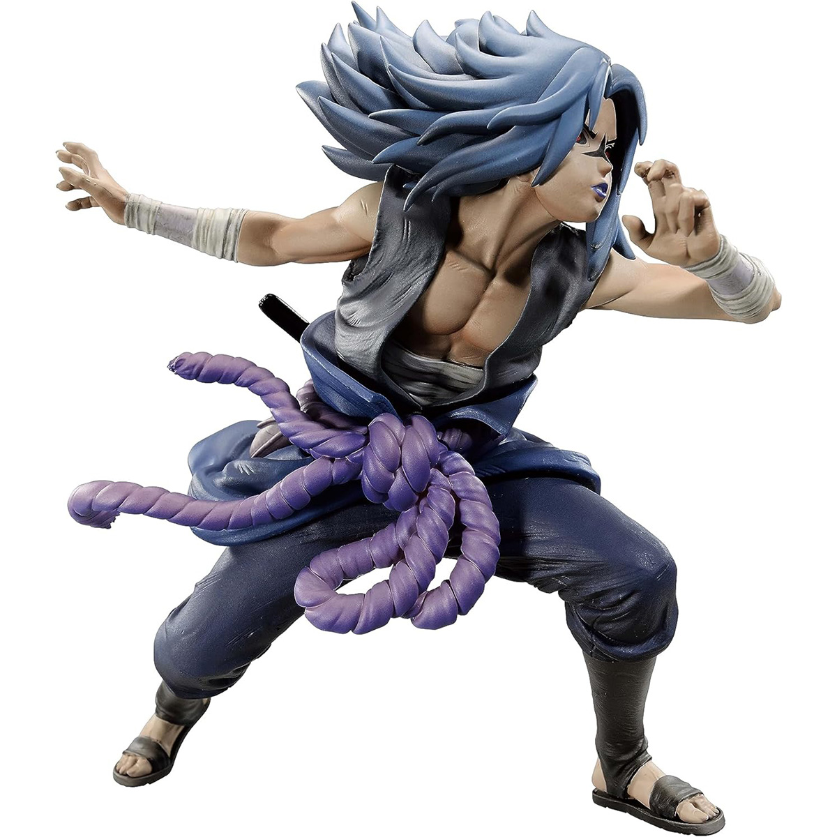 Una figura de un personaje de anime en pose de lucha con cabello y atuendo azules.