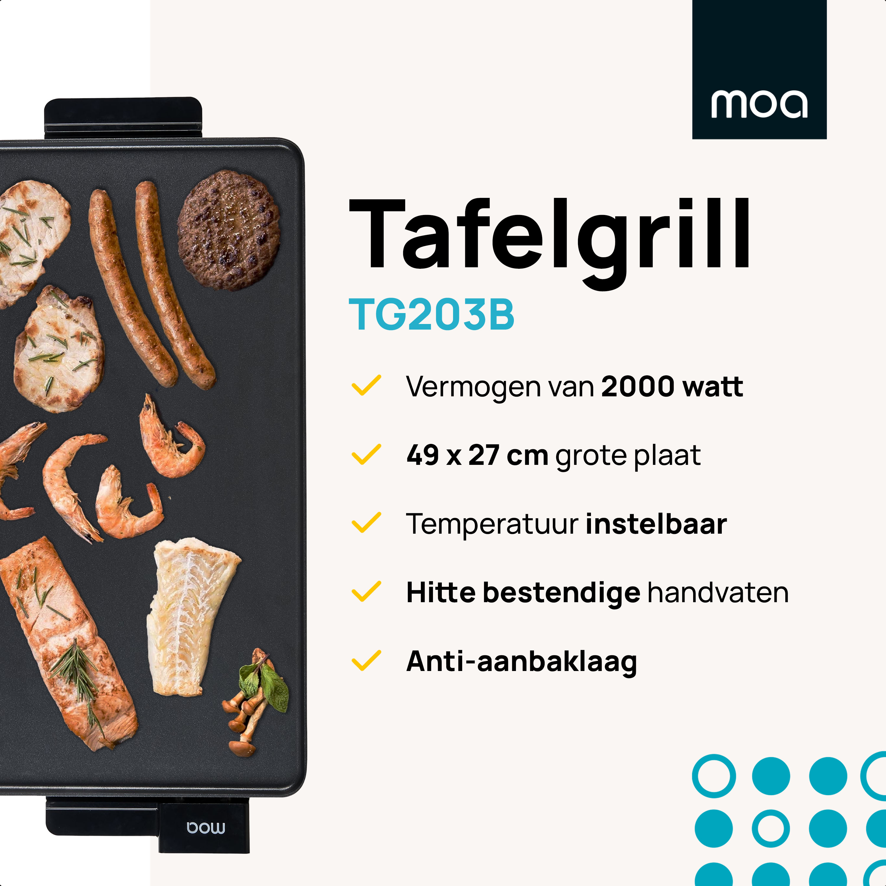 A griddle with food on it, with text about the product.