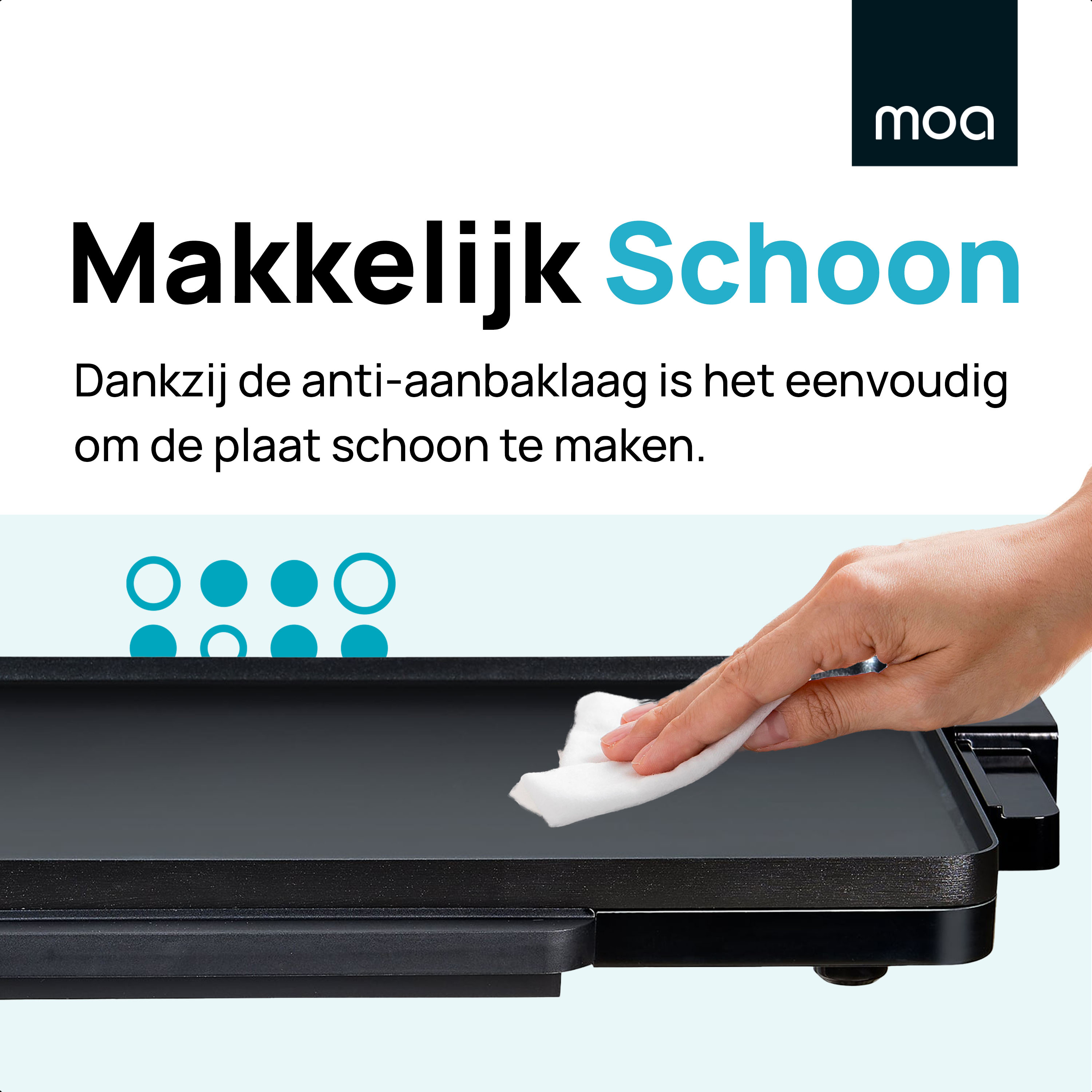 Black surface with a hand wiping it. Text mentions easy cleaning. The surface appears to be a griddle.