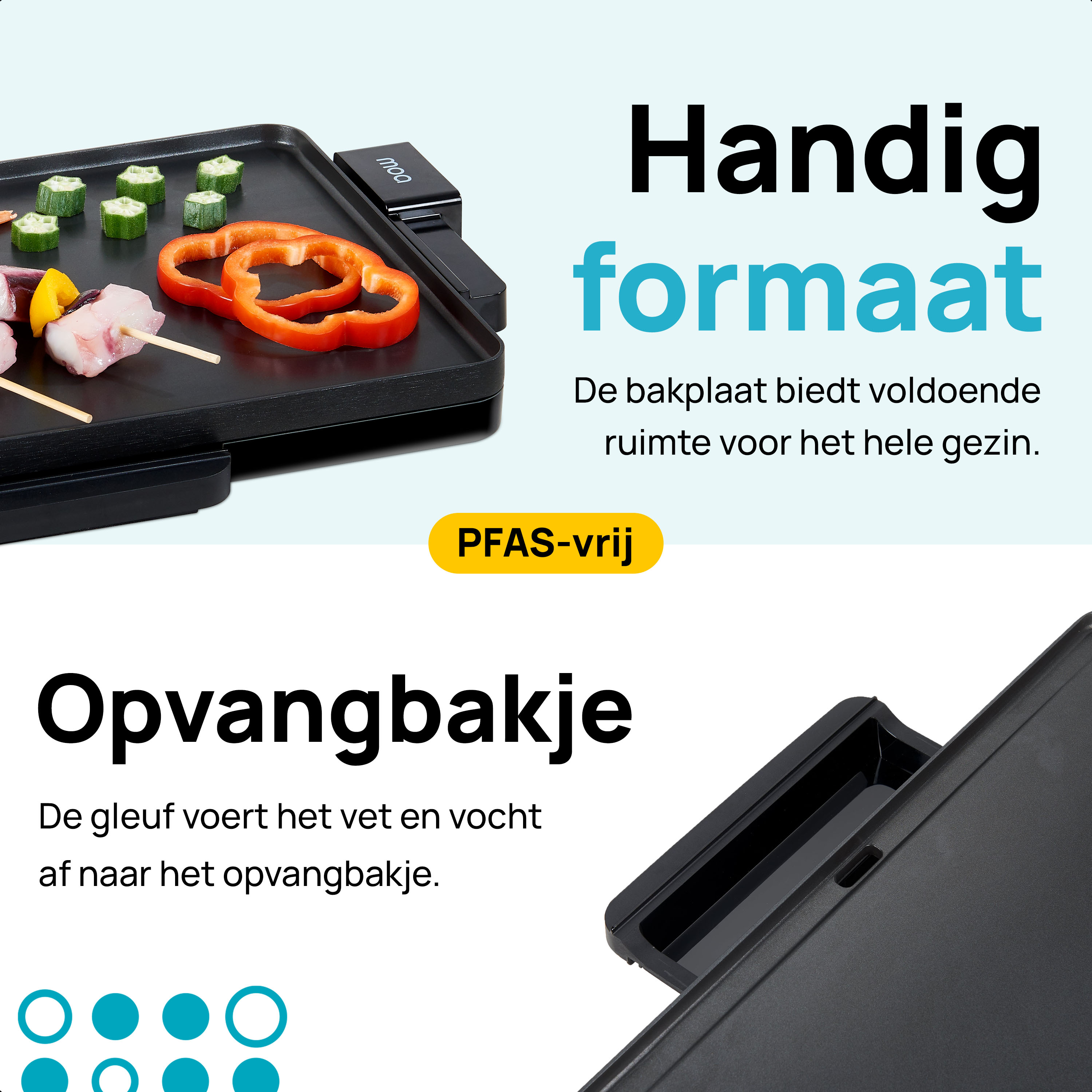 Grill with food. Text: Handig formaat. Yellow text: PFAS-vrij. Black tray with food.