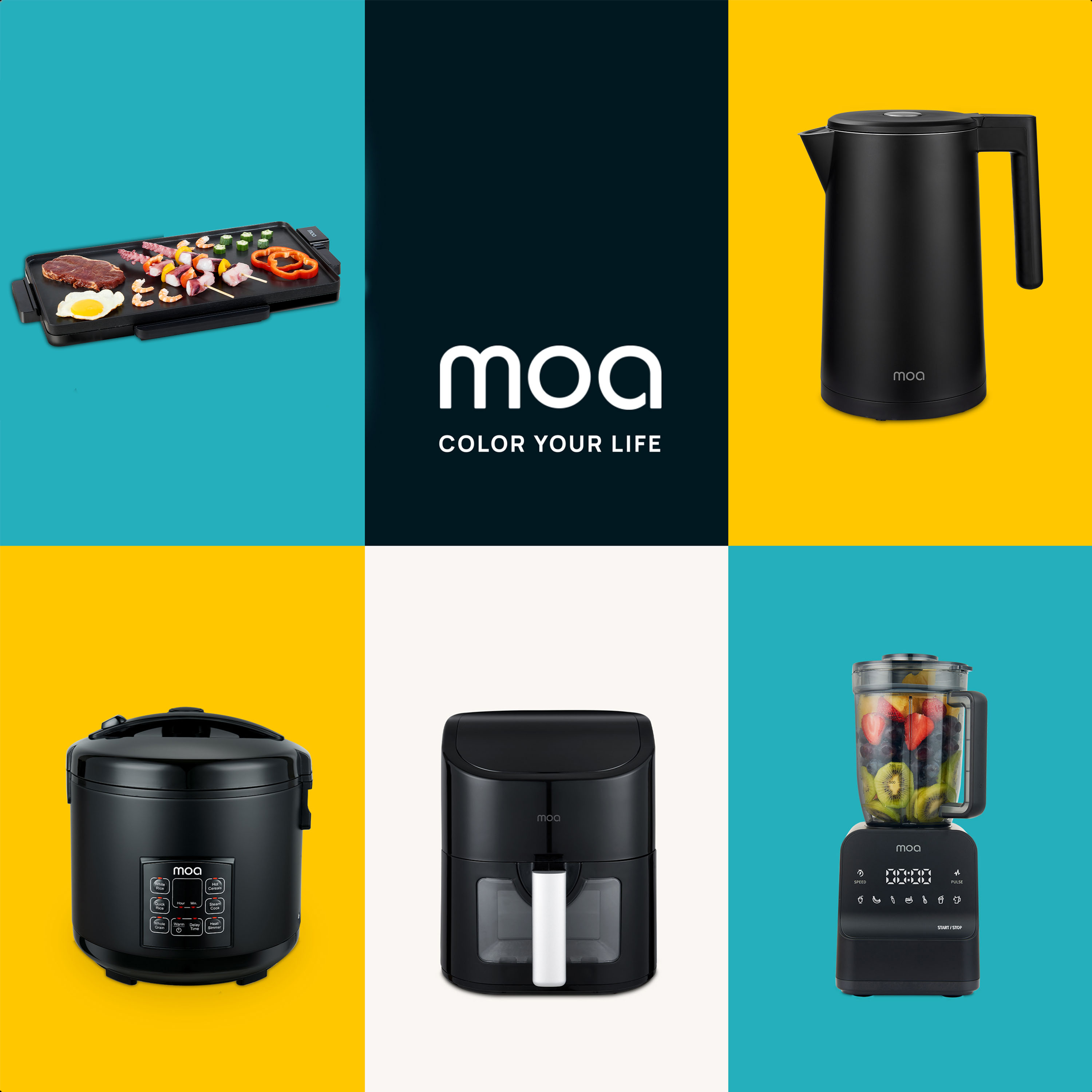 A grid of MOA products. Includes a grill, kettle, blender, rice cooker, air fryer, and blender.