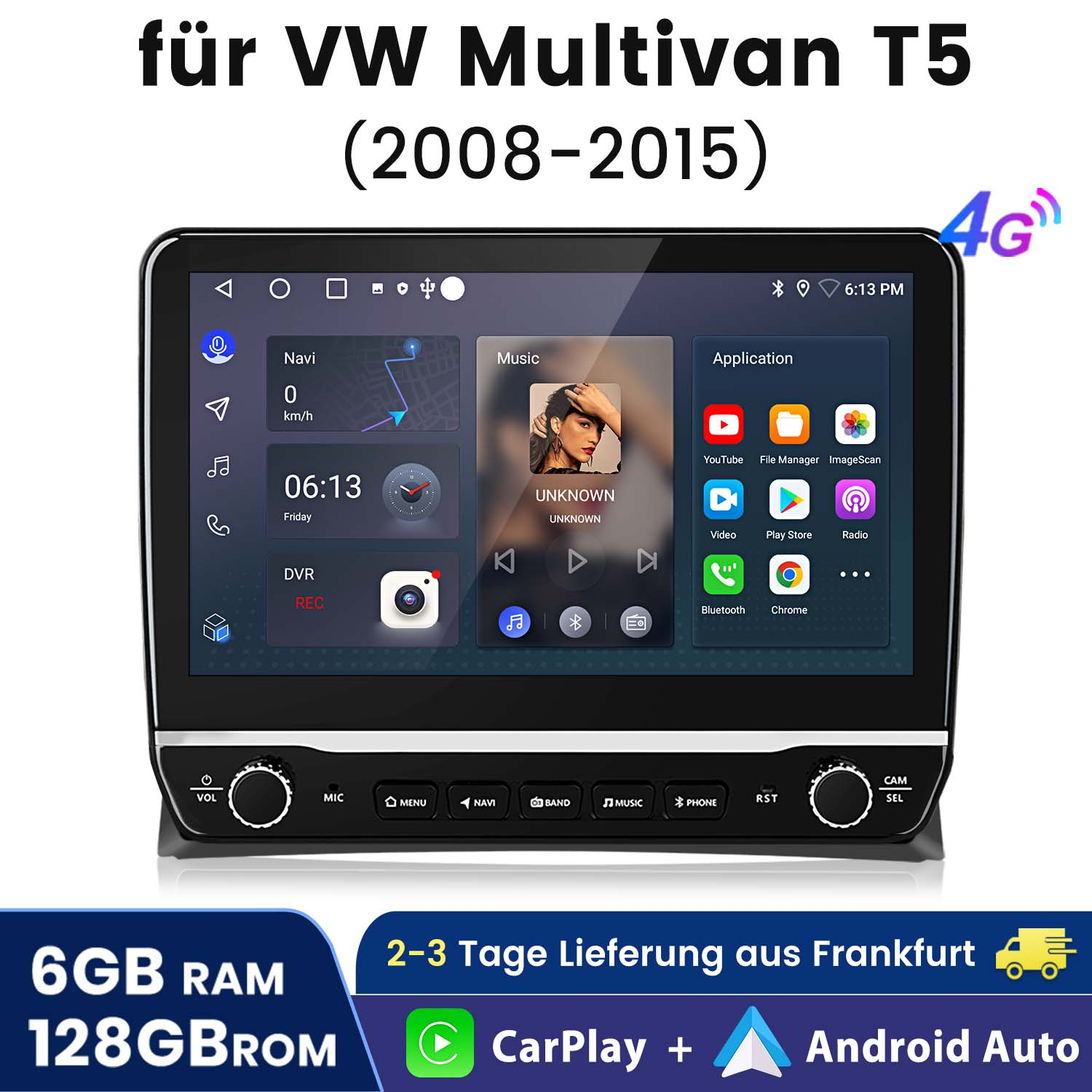 Autoradio mit Bildschirm, der Apps und Uhrzeit anzeigt. Text lautet 'für VW Multivan T5'.