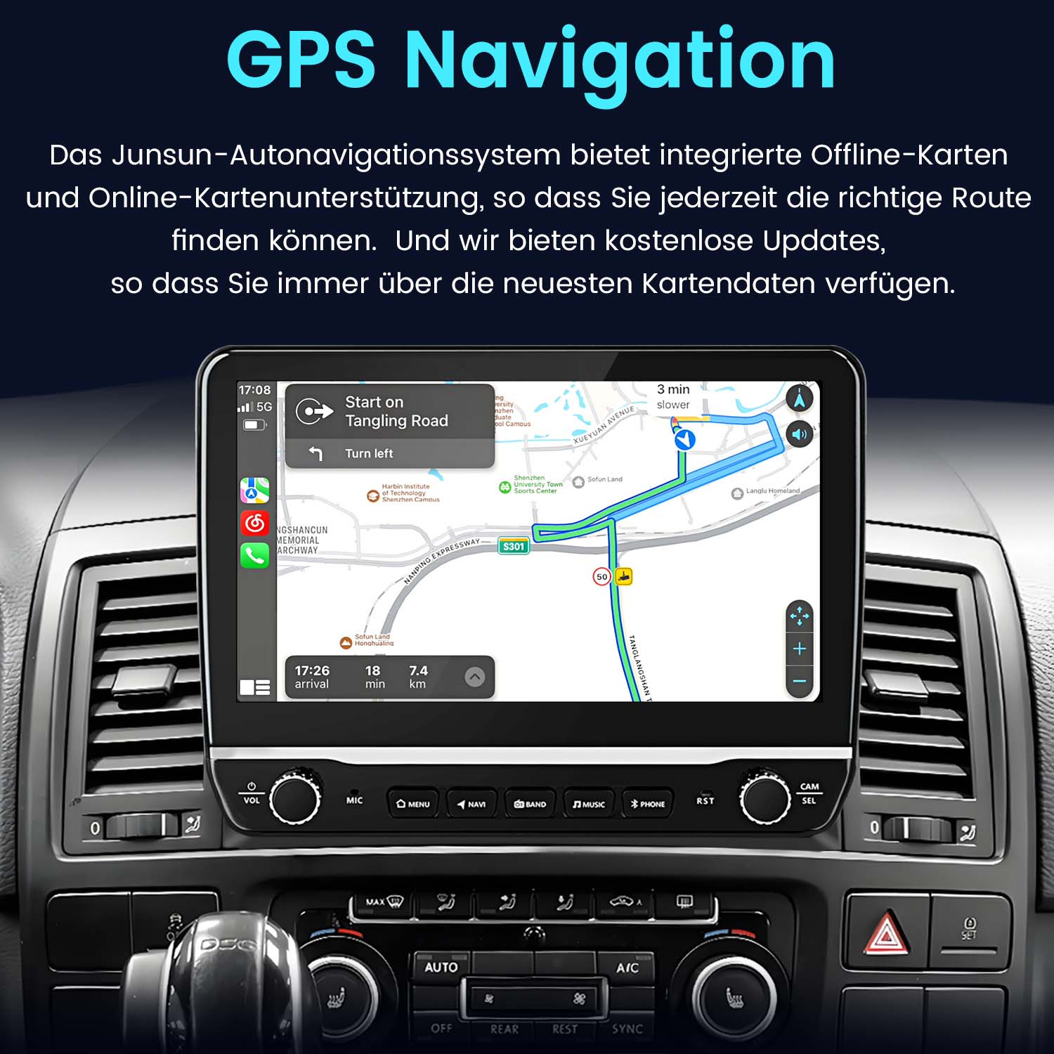 Auto-Navigationsbildschirm mit Karte. Text: GPS-Navigation. Armaturenbrettansicht im Auto.