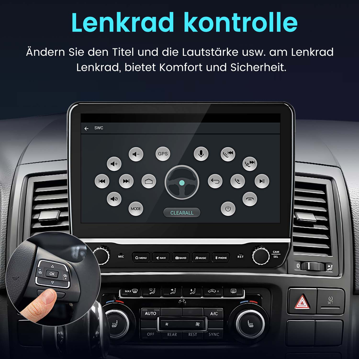 Auto-Multimedia-Player. Das Display zeigt Tasten für GPS, Musik und andere Bedienelemente. Eine Hand berührt eine Taste.
