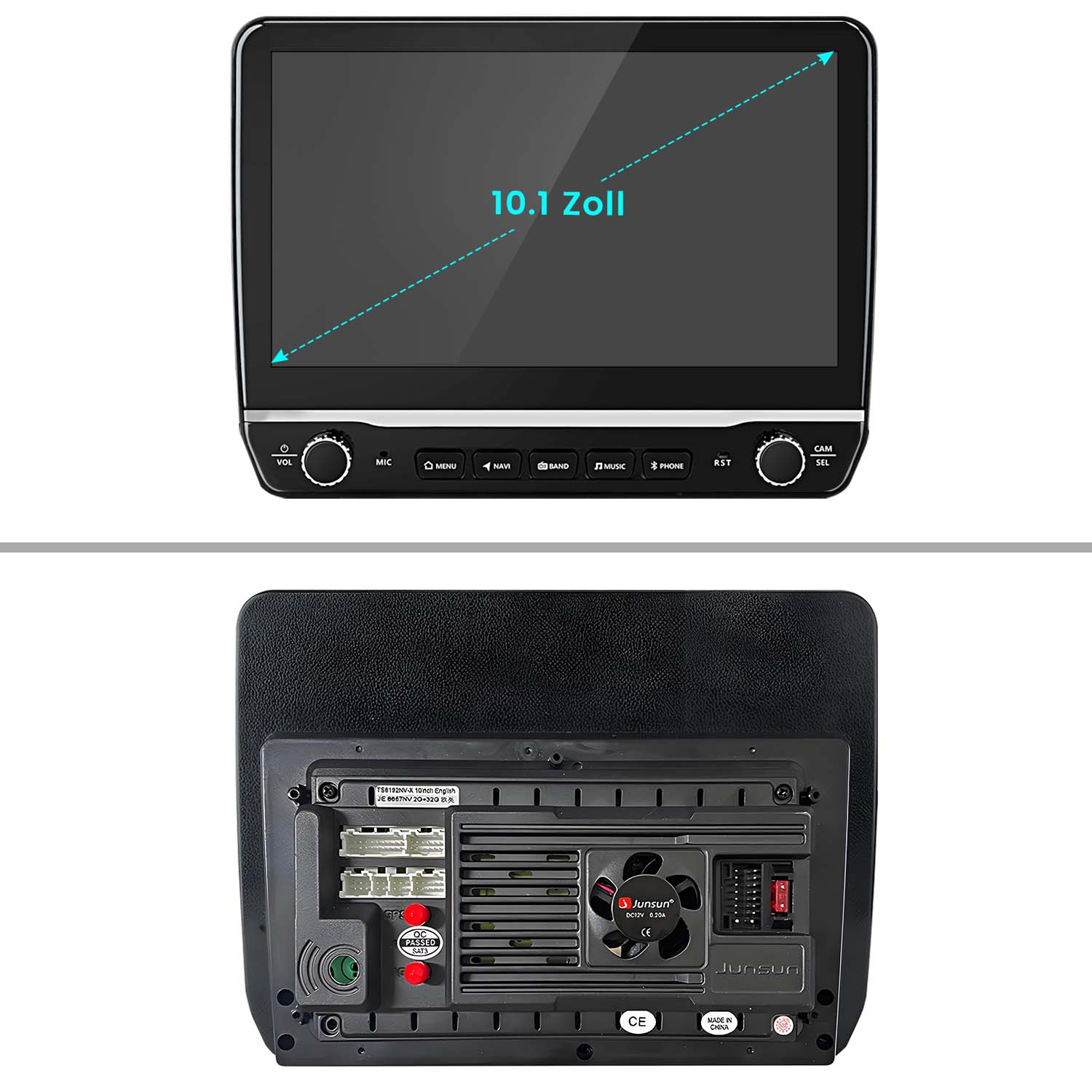 Auto-Multimedia-System mit großem Bildschirm. Ober- und Unterseite des Geräts gezeigt.