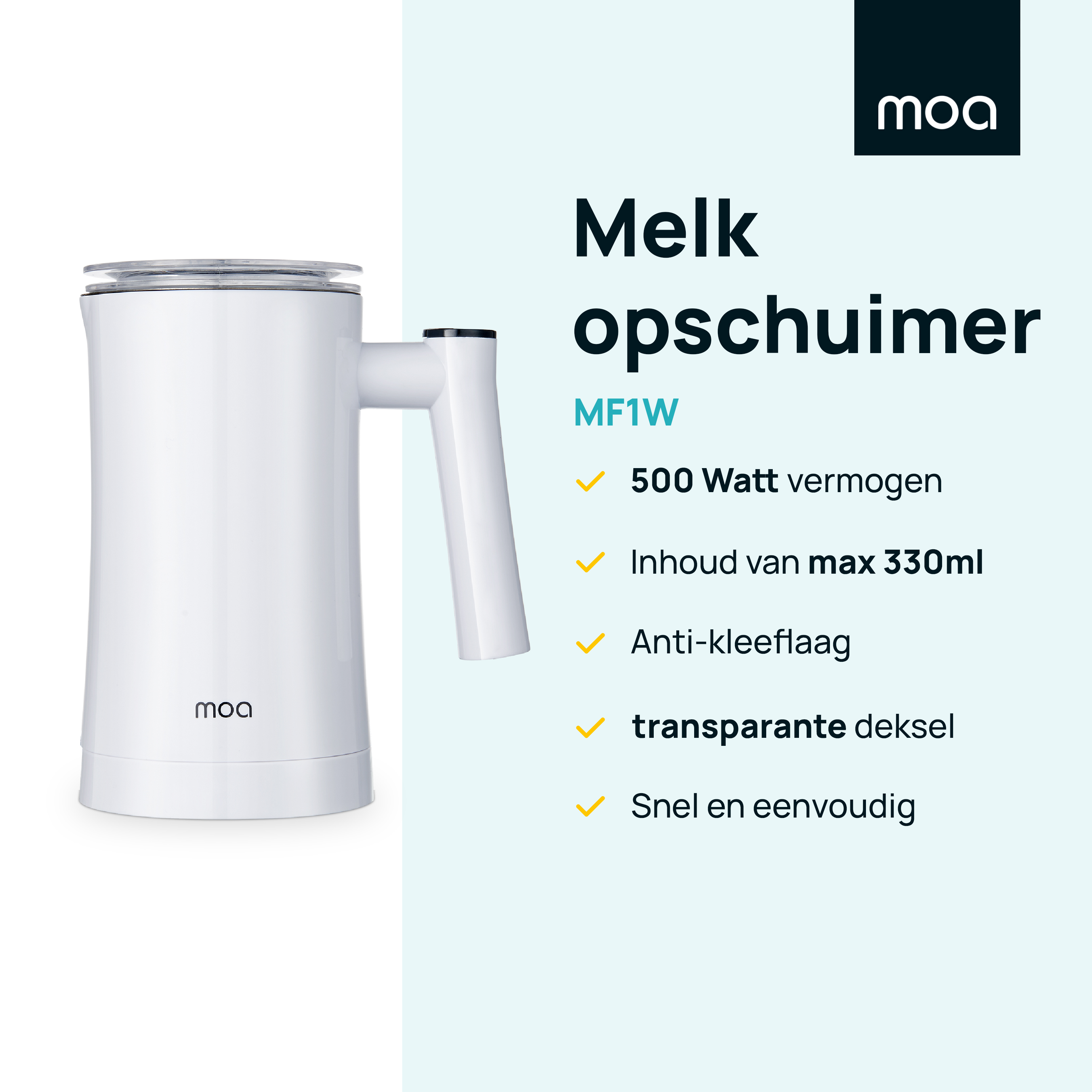 Witte melkopschuimer met tekst. De tekst vermeldt kenmerken: 500W, max 330ml, antiaanbaklaag, transparante deksel.