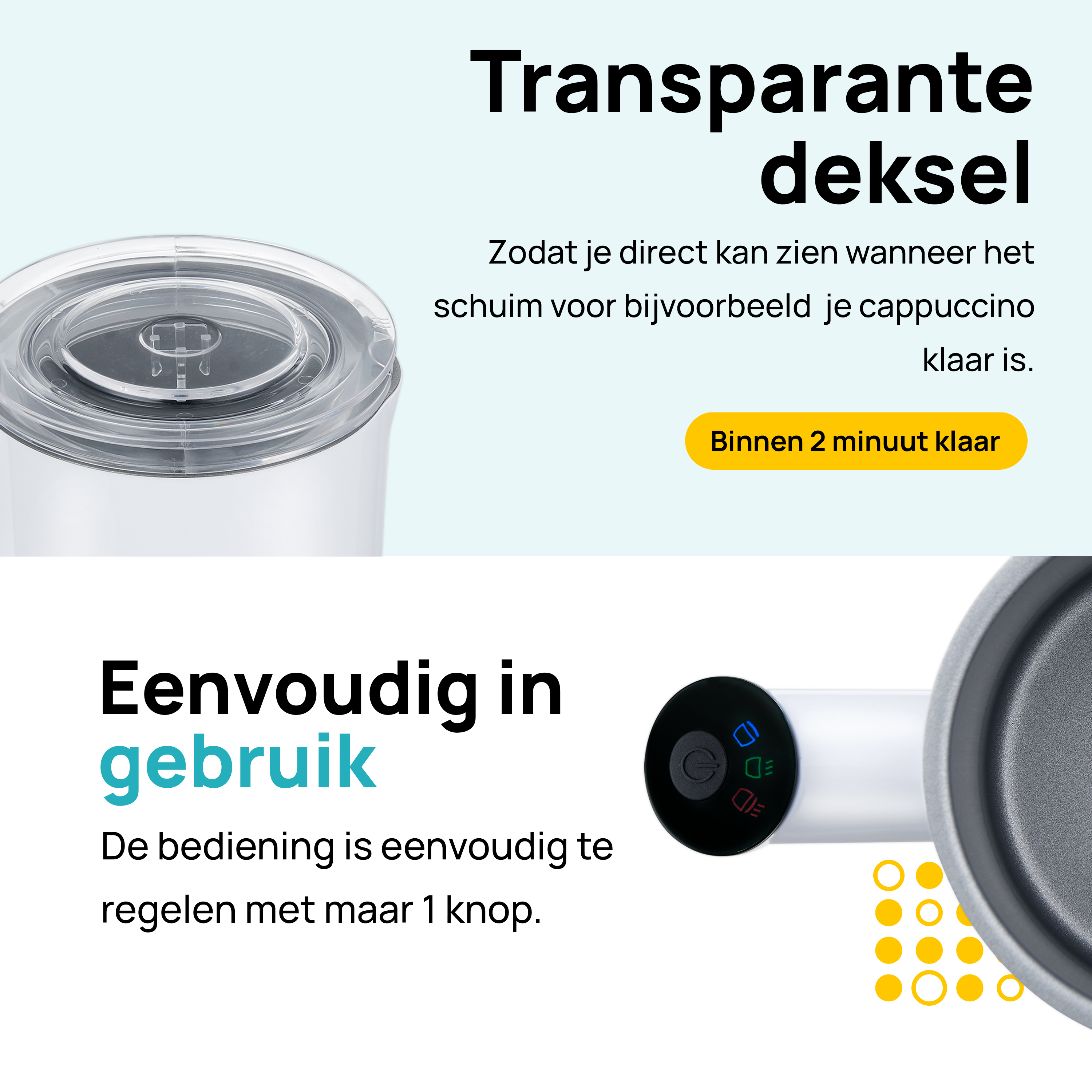 Melkopschuimer met een doorzichtige deksel. Tekst benadrukt de doorzichtige deksel en het gemak.