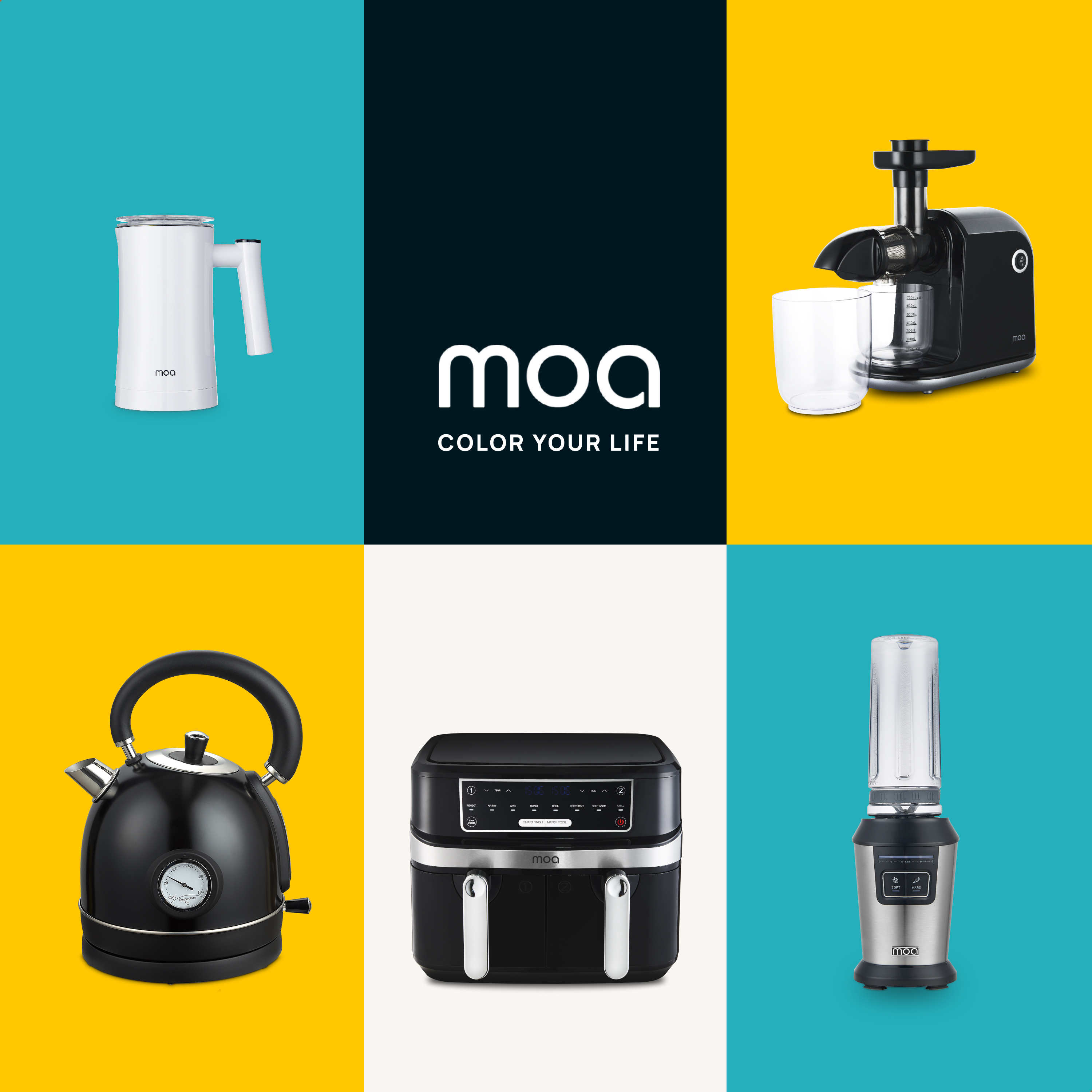 Assortiment keukenapparaten, waaronder een waterkoker en een blender.