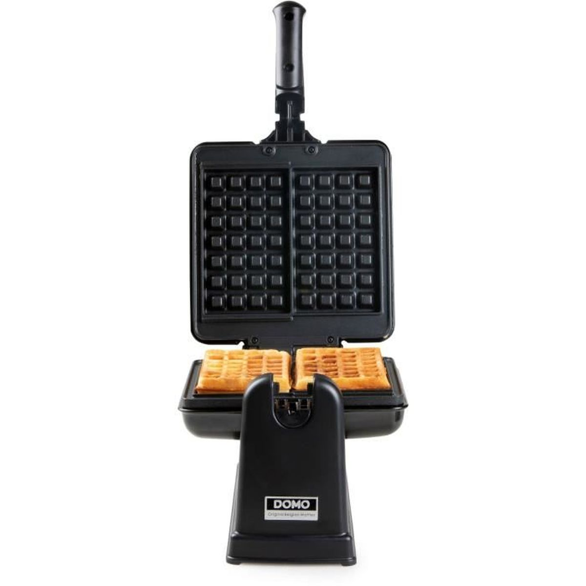 Schwarzes Waffeleisen mit zwei goldenen Waffeln. Griff oben.