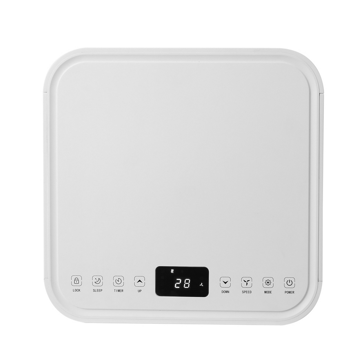 Pannello di controllo bianco con display che mostra 28. Ci sono pulsanti per diverse funzioni.