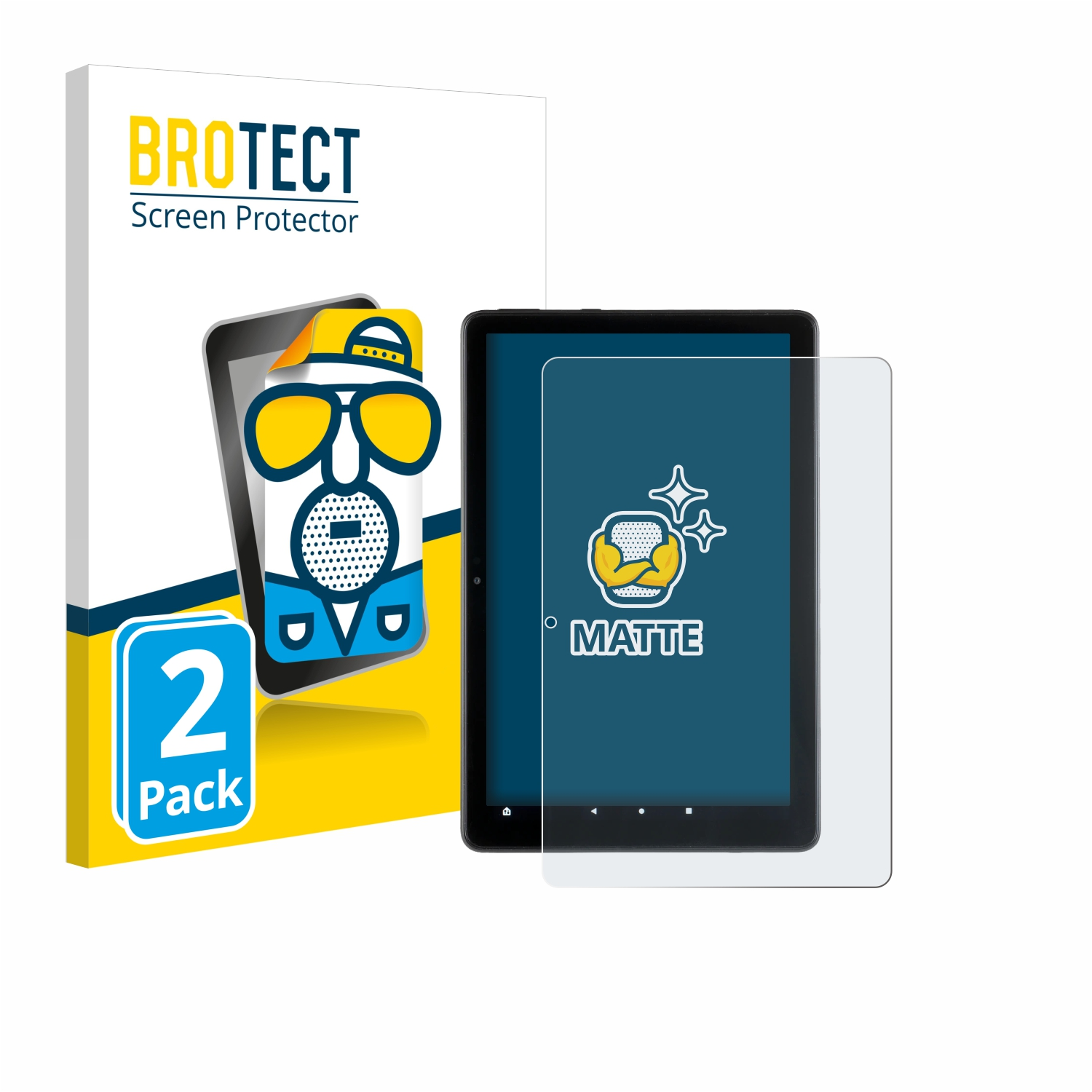 Tablet mit matter Displayschutzfolie und Verpackung. Ein Tablet mit Cartoon auf der Verpackung. Weißer Hintergrund.