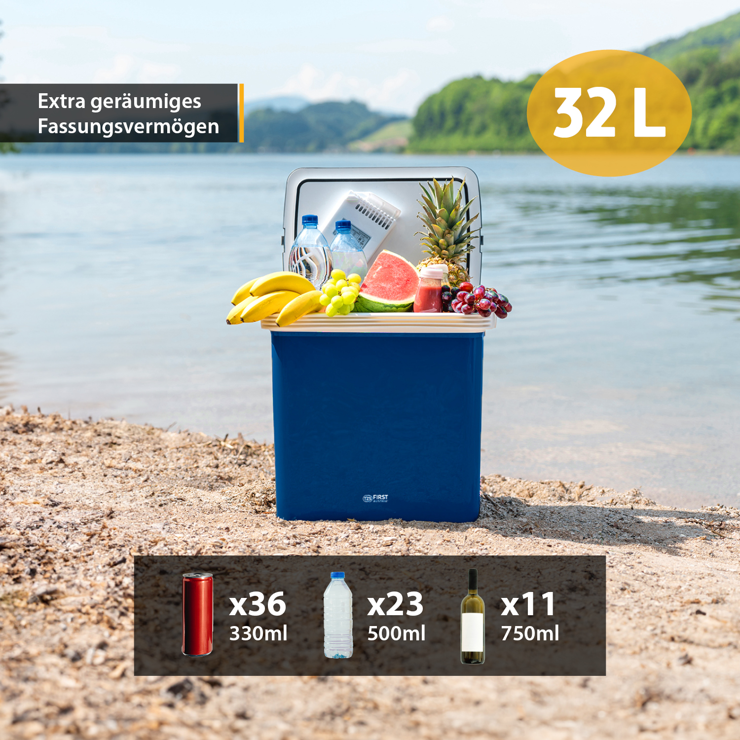 Blaue Kühlbox mit Picknickszene: Bananen, Trauben, Wassermelone und Getränke. Text: '32 L' Fassungsvermögen.