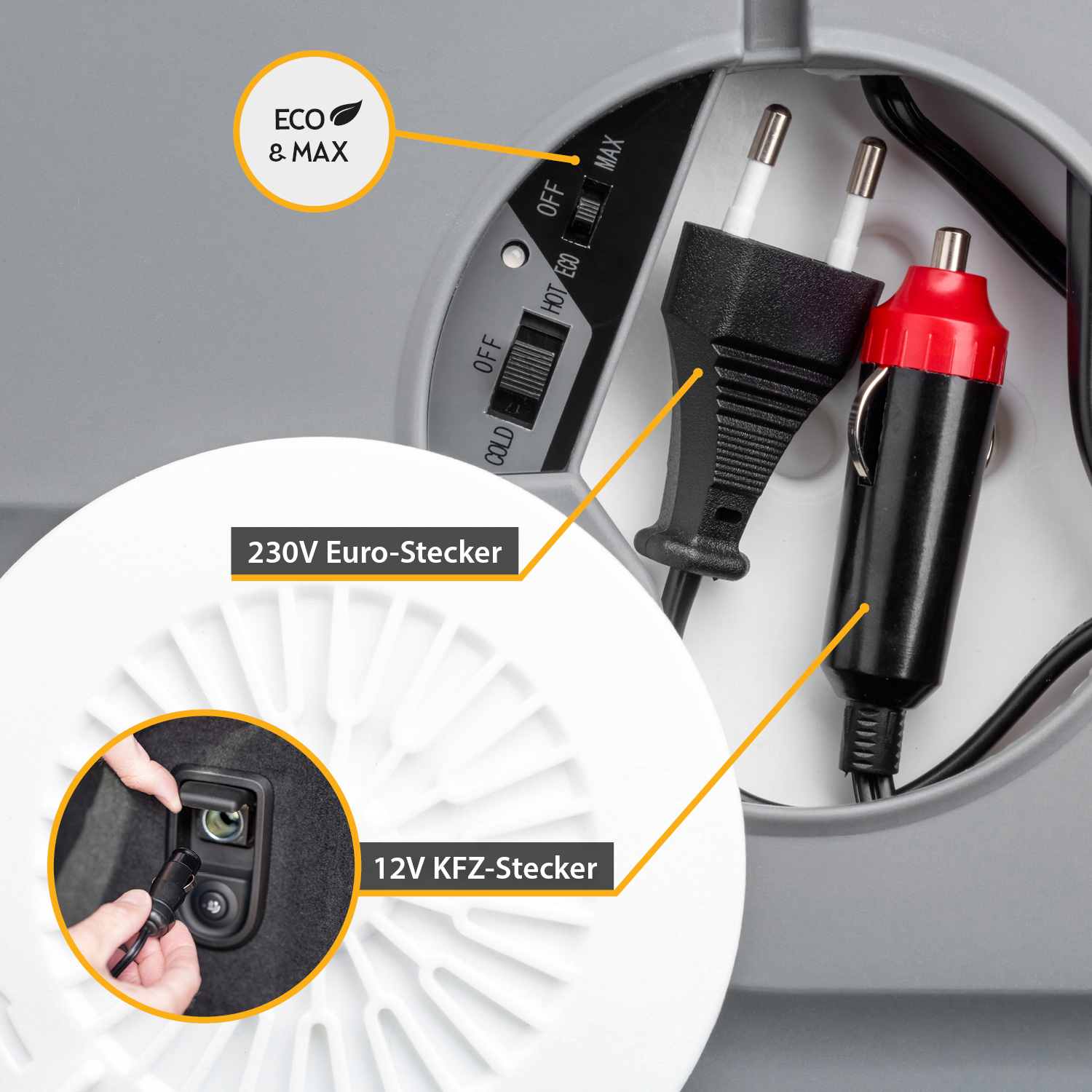 Nahaufnahme eines Geräts, das Stromstecker sowie 12V- und 230V-Eingänge und Steuerungseinstellungen zeigt.
