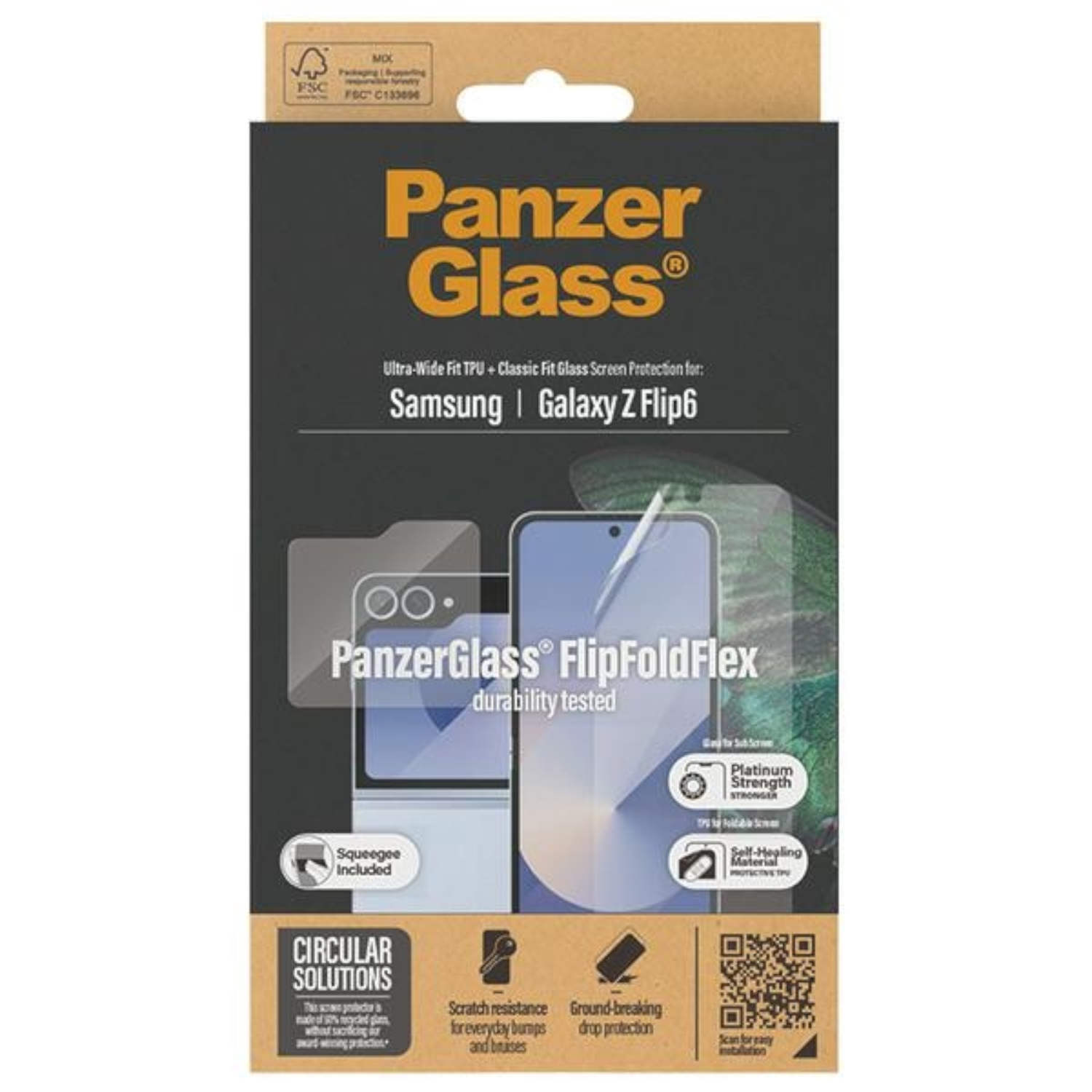 Scatola di protezione dello schermo per Samsung Galaxy Z Flip6. Testo: PanzerGlass FlipFoldFlex.