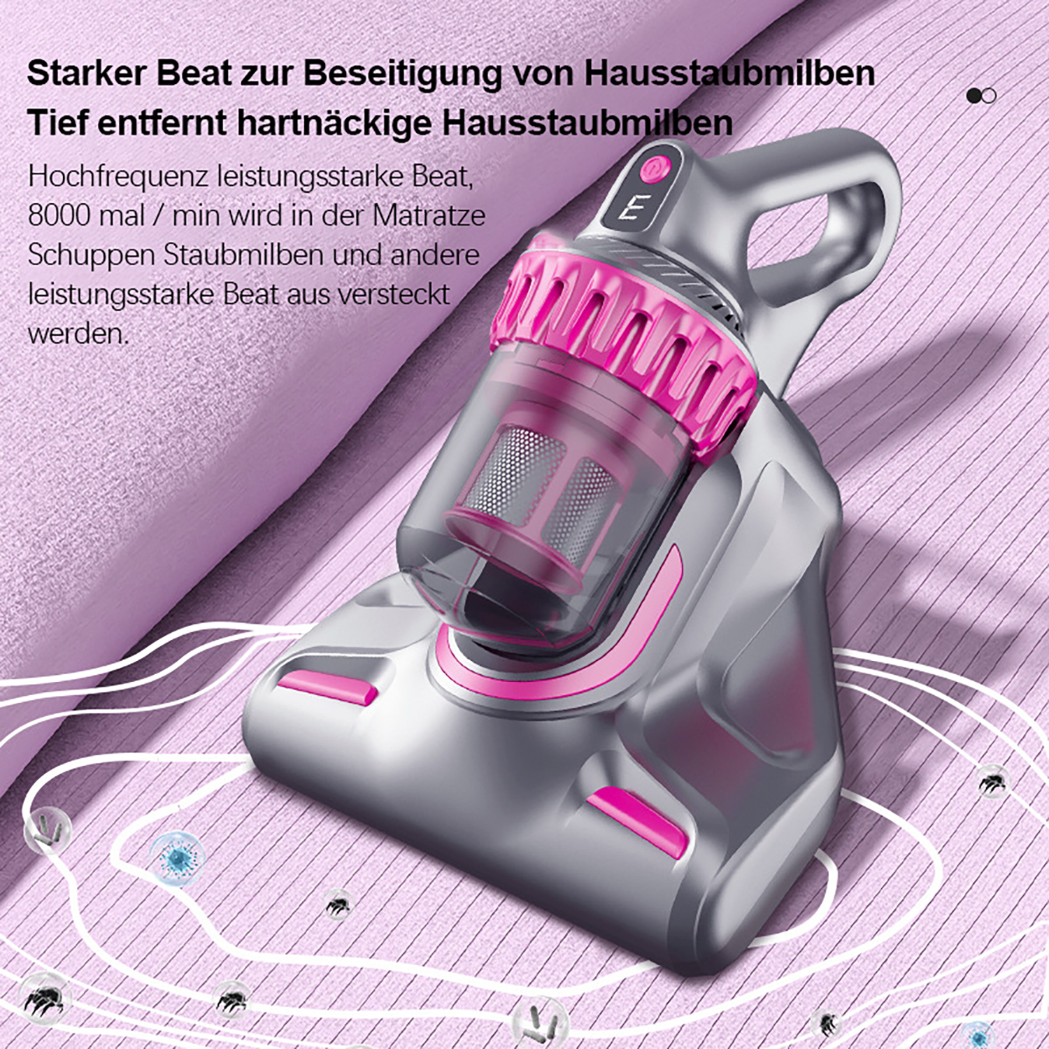 Ein silberner und pinkfarbener Handstaubsauger auf einer rosa Oberfläche mit Illustrationen.