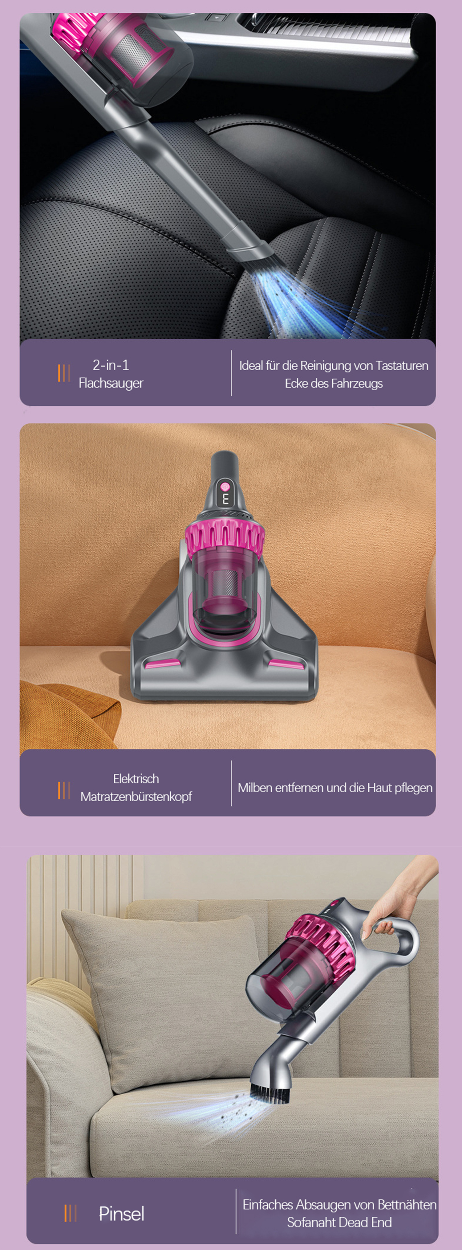 Staubsauger in Aktion. Drei verschiedene Perspektiven. Pinkes und silbernes Farbschema.