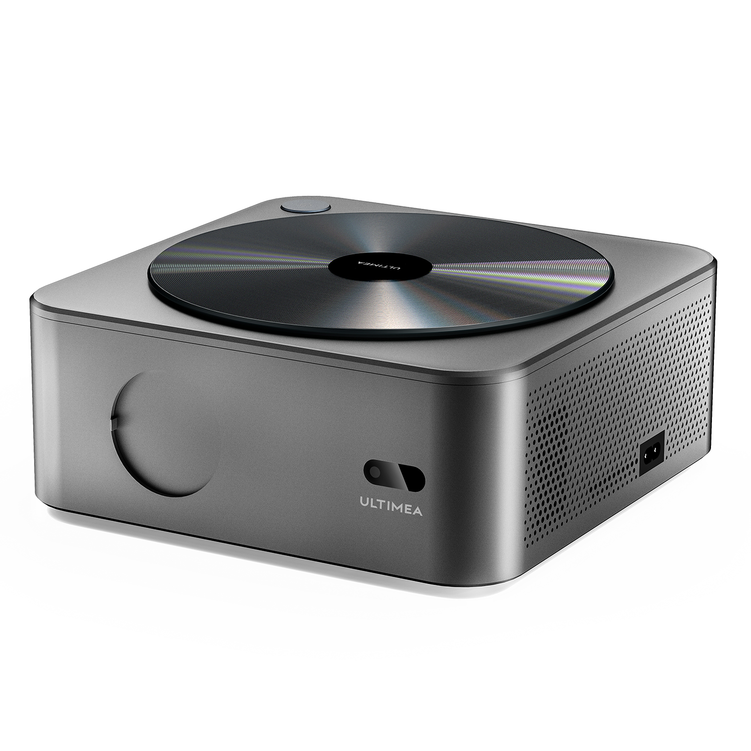 Szary projektor z dyskiem na górze i okrągłym obiektywem z boku.